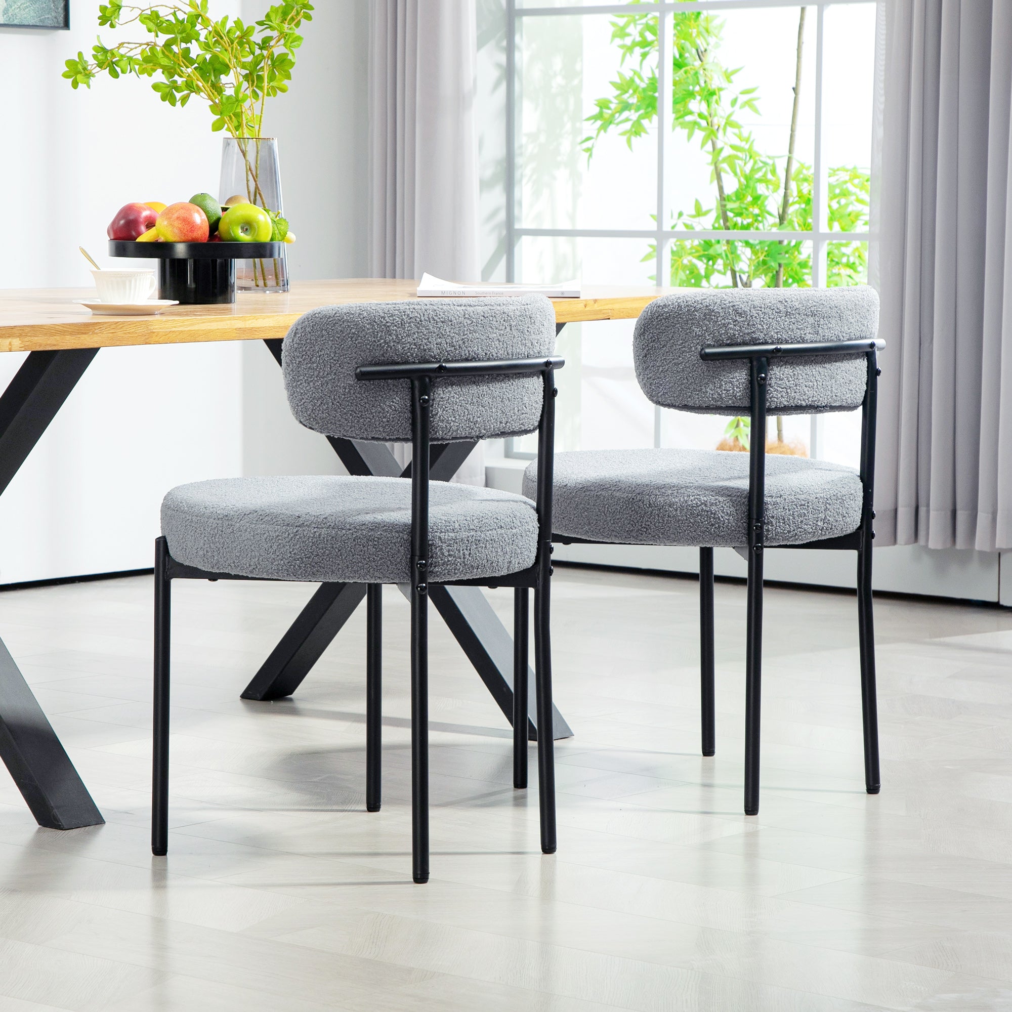 HOMCOM Dining Chairs Set of 2, Modern Kitchen Chairs with Berber Fleece Upholstery and Steel Legs for Living Room, Bedroom, Grey