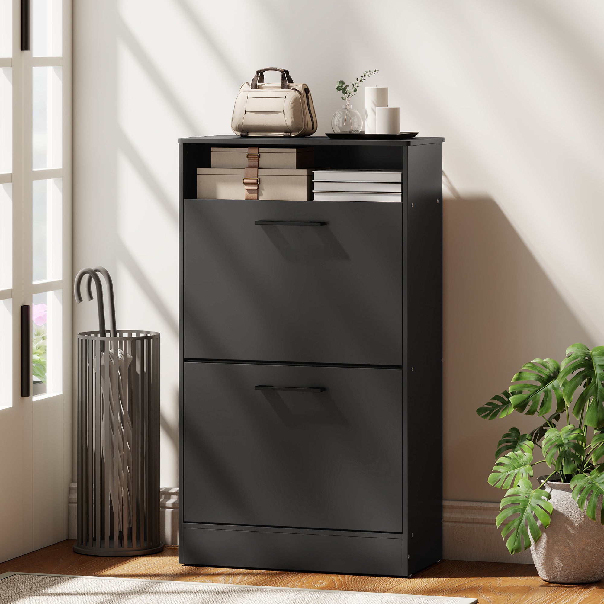 Shoe Cabinet with 2 Flip Drawers and Open Shelf, Narrow Shoe Storage Cabinet with Adjustable Dividers, Entryway Shoe Storage Unit for up to 12 Pairs for Hallway, Black
