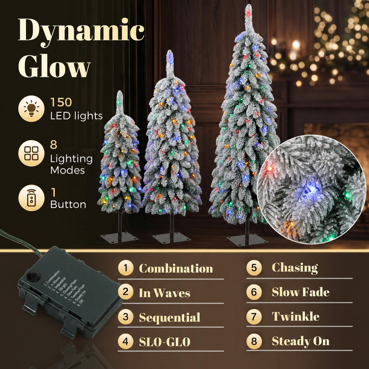 Artificial Christmas Tree Set of 3, Snowy Pre-Lit Christmas Trees with PVC Branch Tips and Multicolour LED Lights, Slim Pencil Xmas Decorations, 90/120/150 cm, Green White