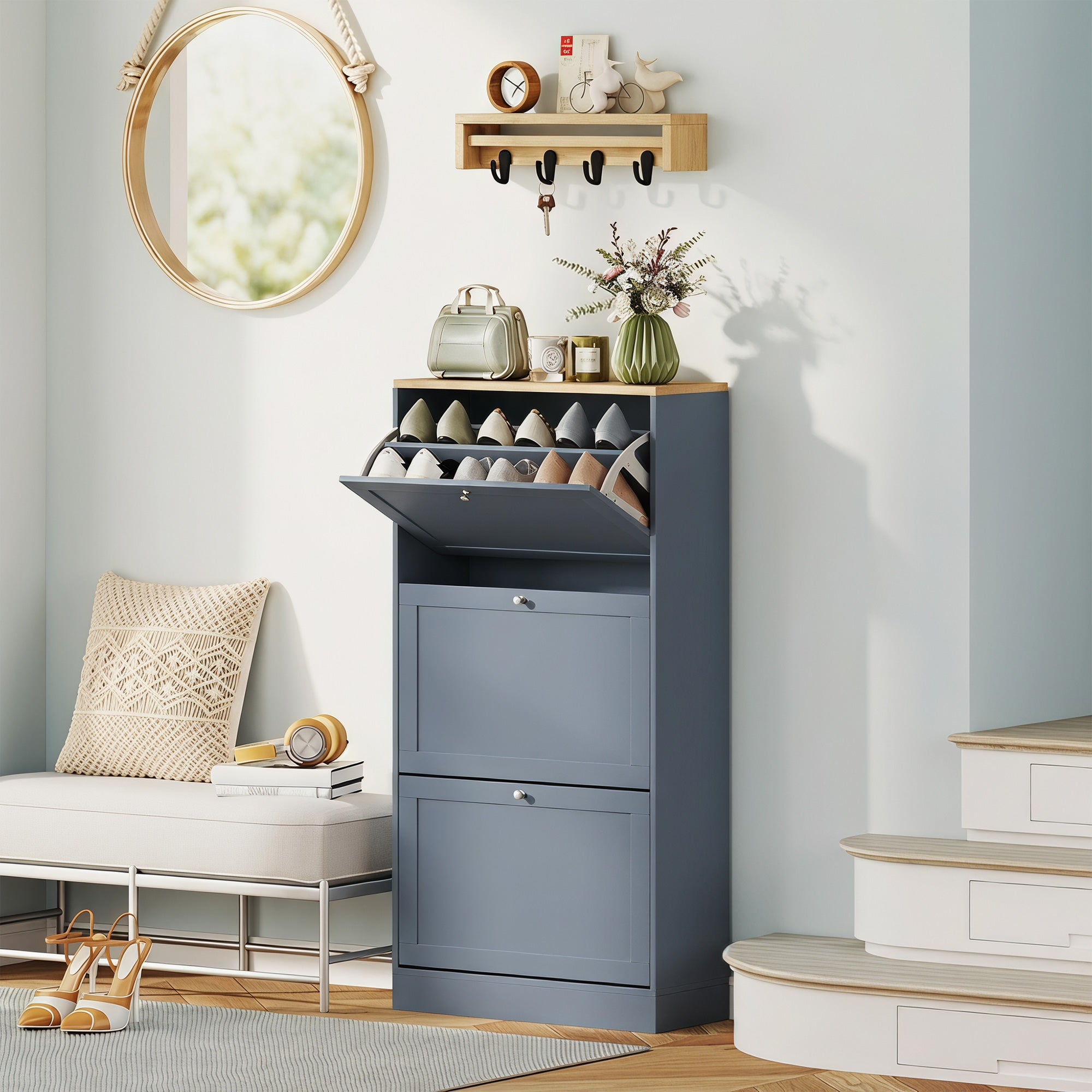 Modern Shoe Storage Cabinet with 3 Flip Drawers, Wooden Freestanding Shoe Cabinet with Adjustable Shelves, 12-18 Pairs, for Entryway, Hallway, Blue