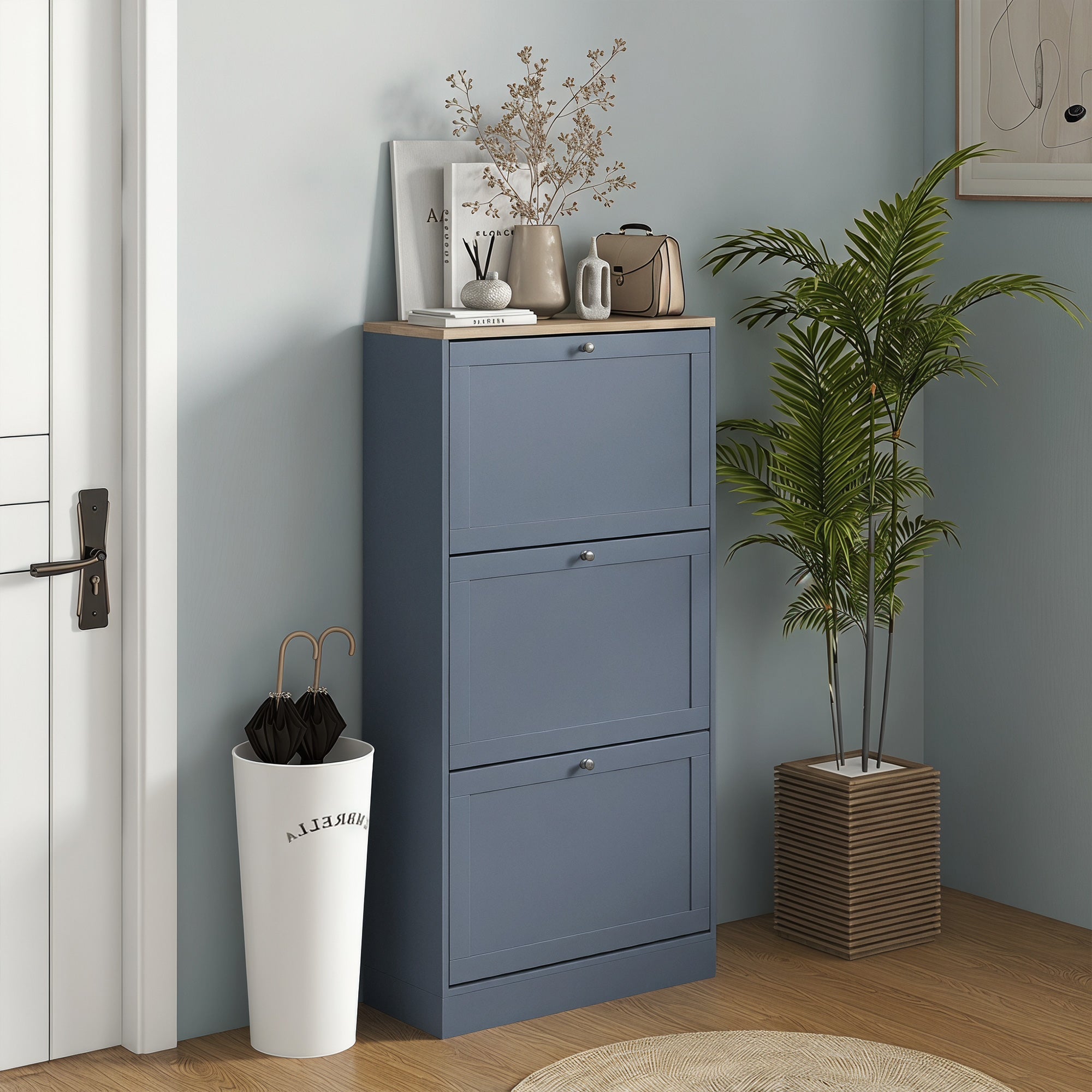 Modern Shoe Storage Cabinet with 3 Flip Drawers, Wooden Freestanding Shoe Cabinet with Adjustable Shelves, 12-18 Pairs, for Entryway, Hallway, Blue