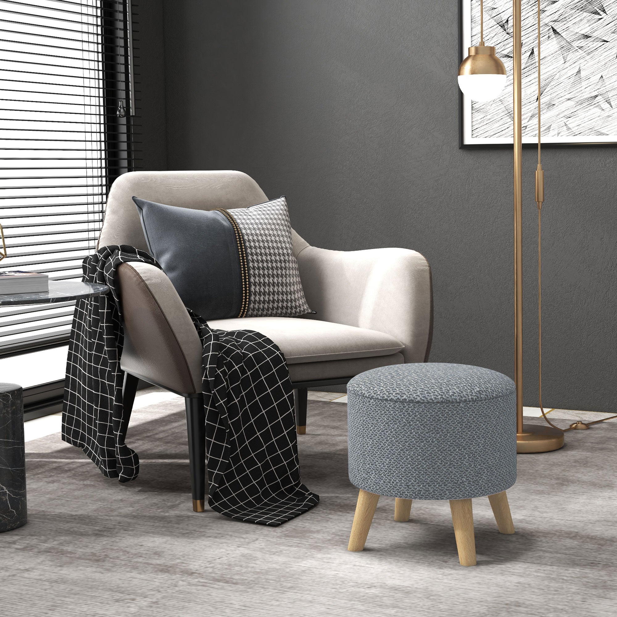 Round Ottoman Stool with Storage, Linen Fabric Upholstered Foot Stool with Padded Seat, Hidden Space and Wood Legs, Grey