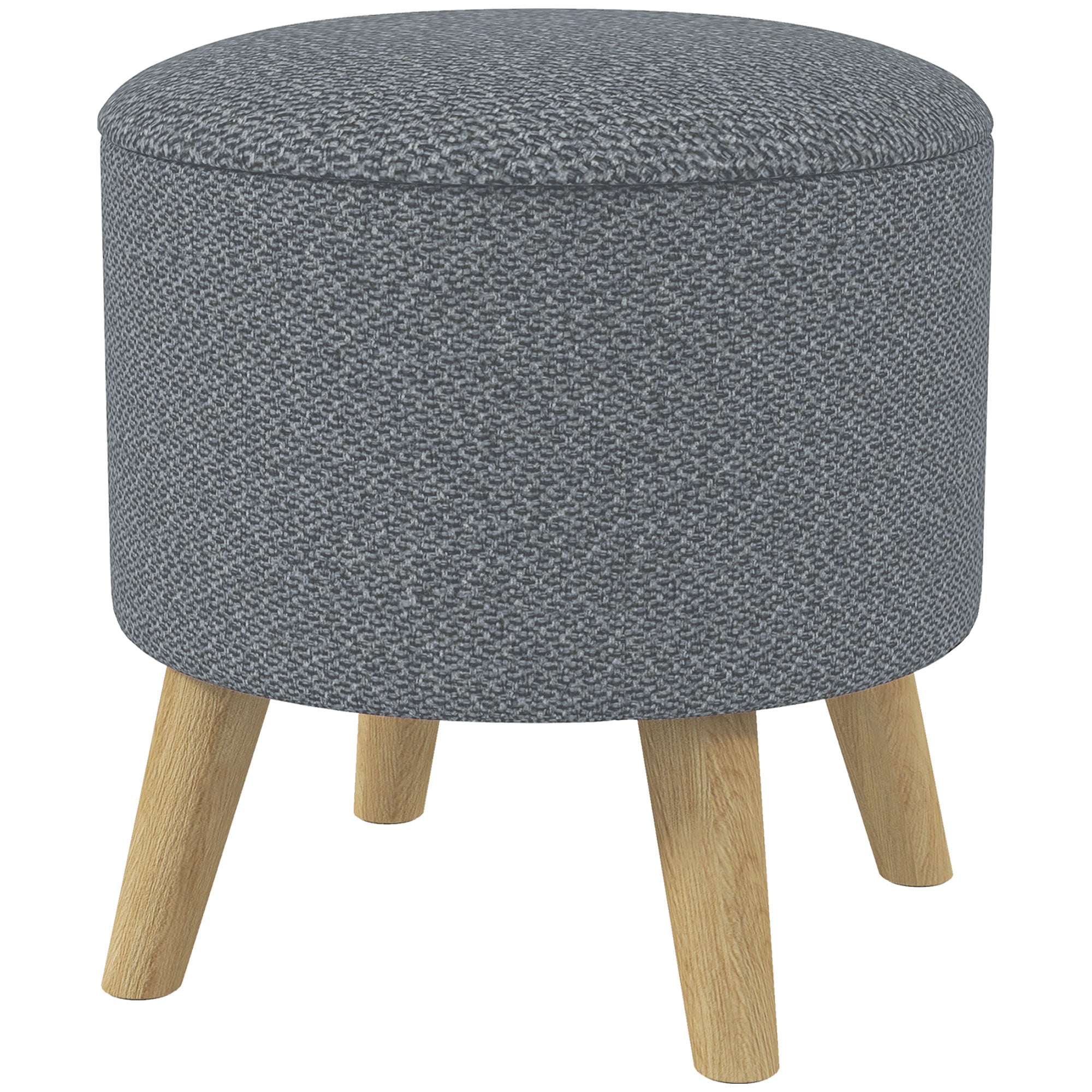 Round Ottoman Stool with Storage, Linen Fabric Upholstered Foot Stool with Padded Seat, Hidden Space and Wood Legs, Grey