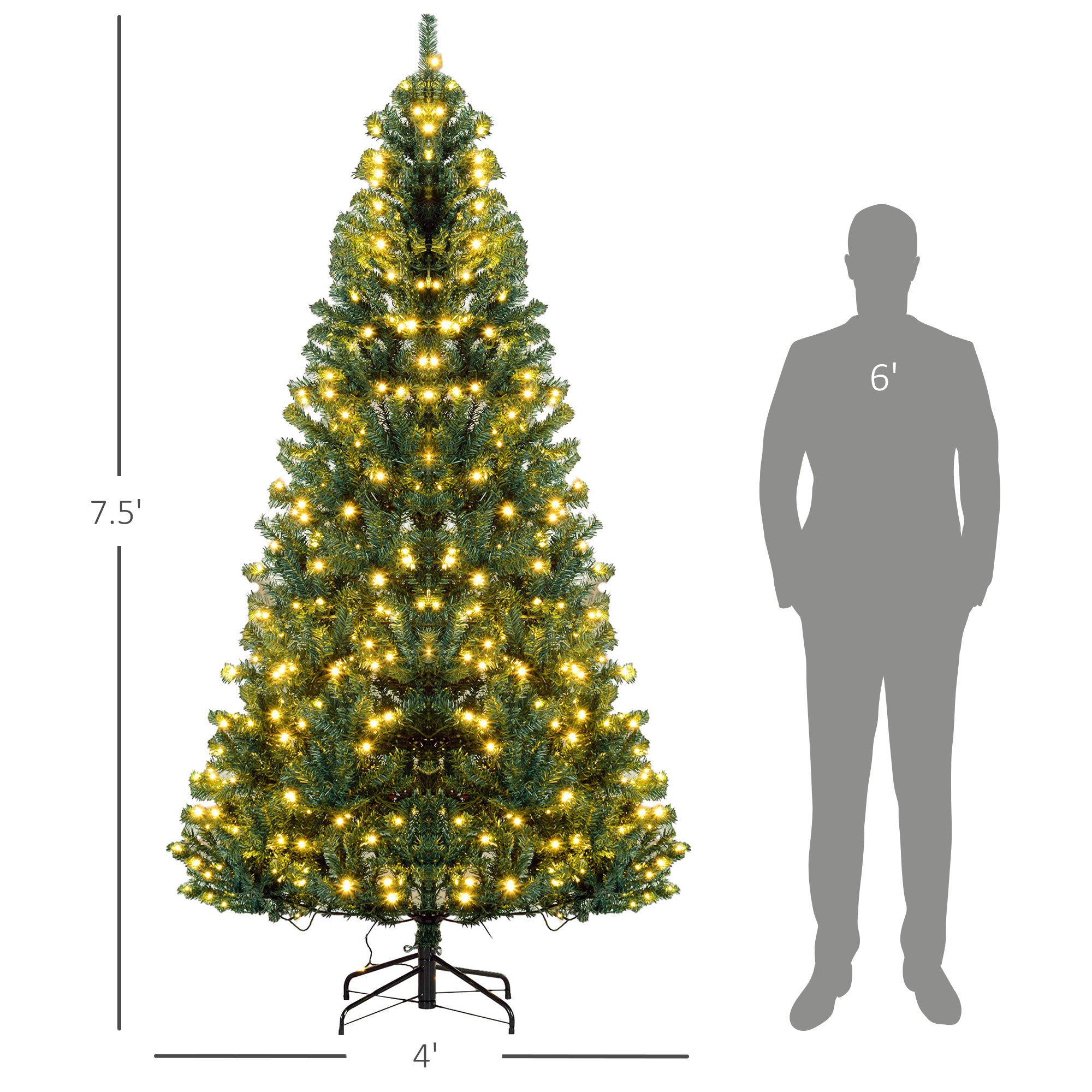 7.5 FT Tall PreLit Artificial Christmas Tree with Realistic Branches 500 Warm White LED Lights Green