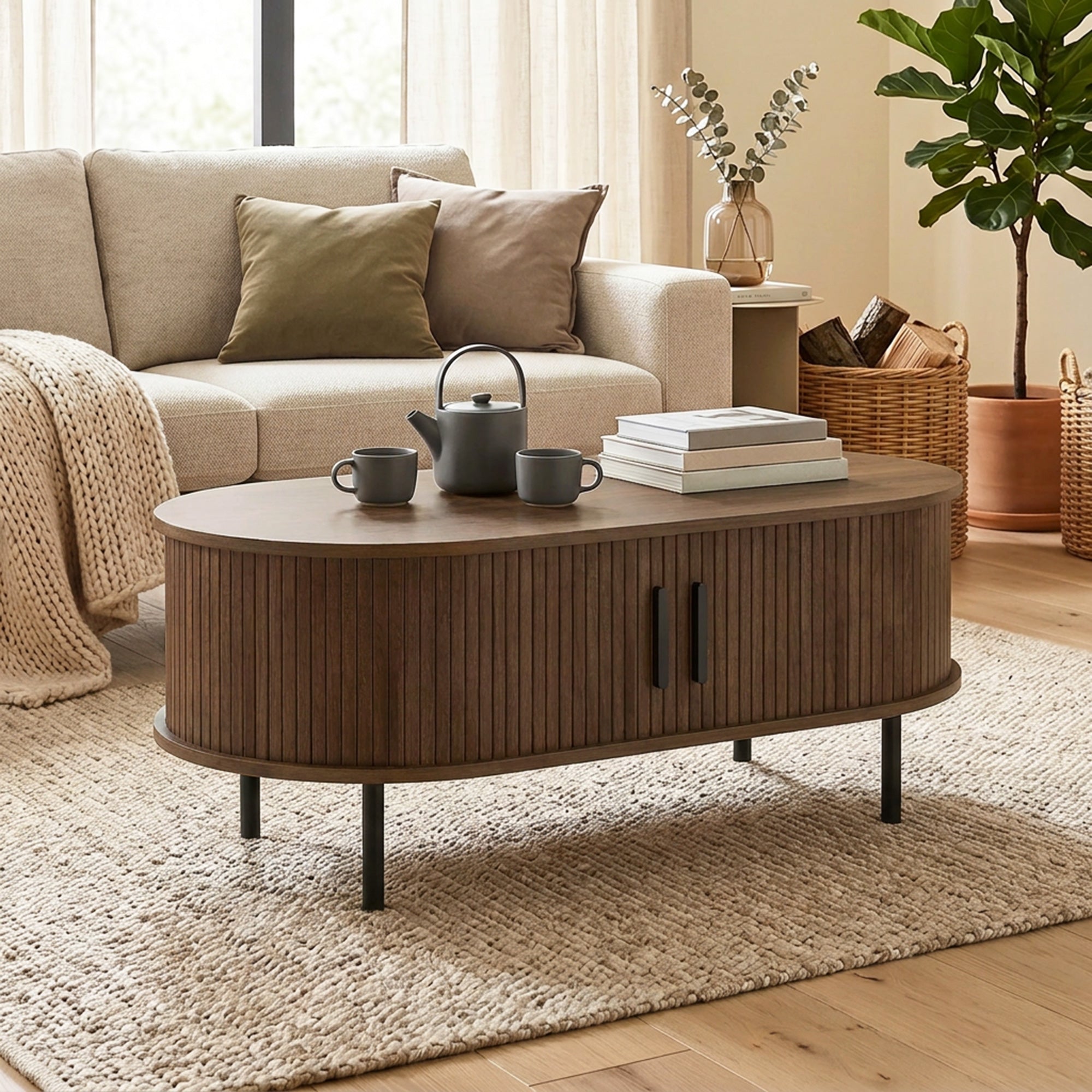 Mid-Century Modern Coffee Table, Center Table for Living Room with Storage, Sliding Tambour Doors, Rounded Edges and Metal Legs, Brown