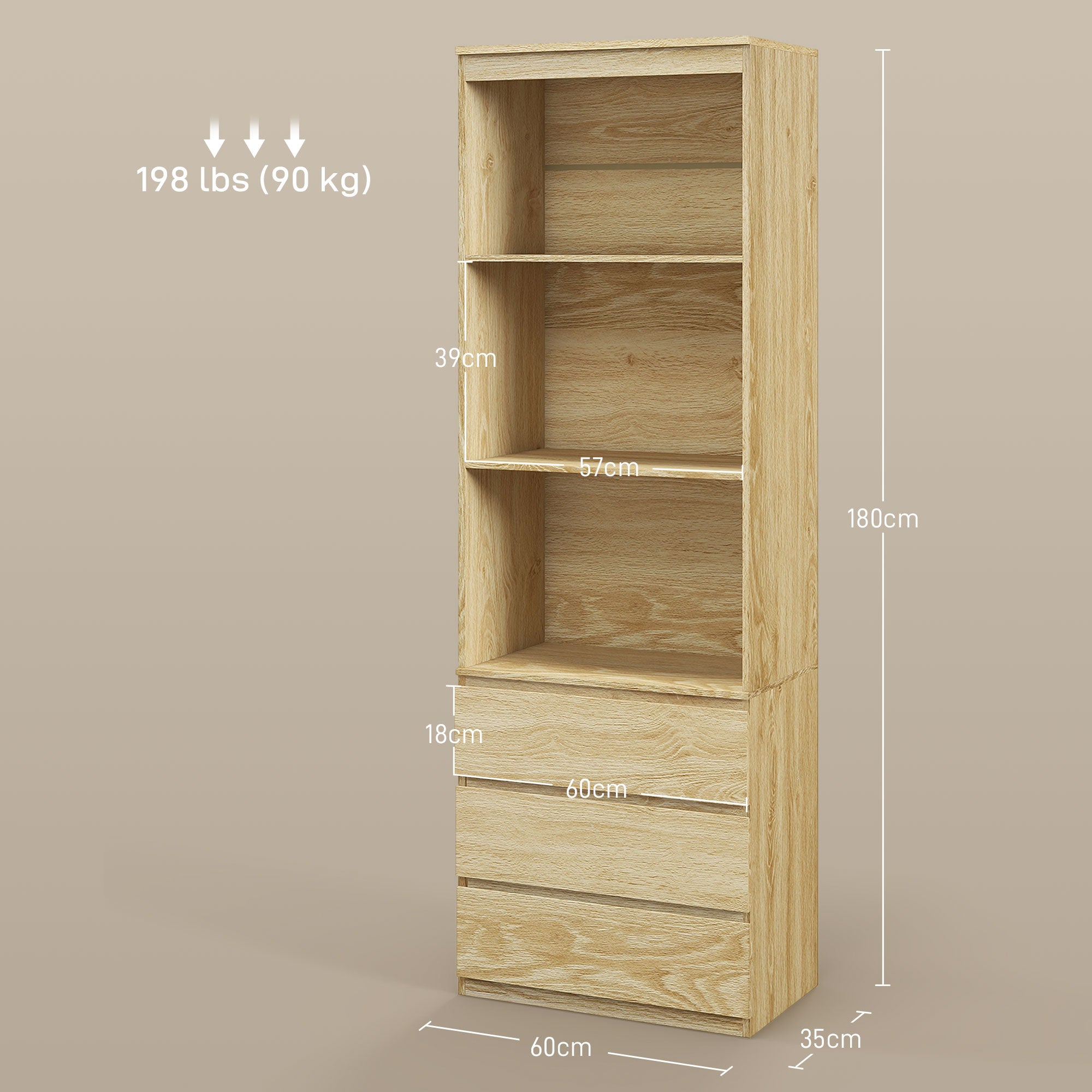 HOMCOM 180cm Tall Bookcase with Storage, Free Standing Bookshelf with 3 Shelves and 3 Drawers, Display Cabinet for Living Room, Home Office, Bedroom, Oak Wood Effect