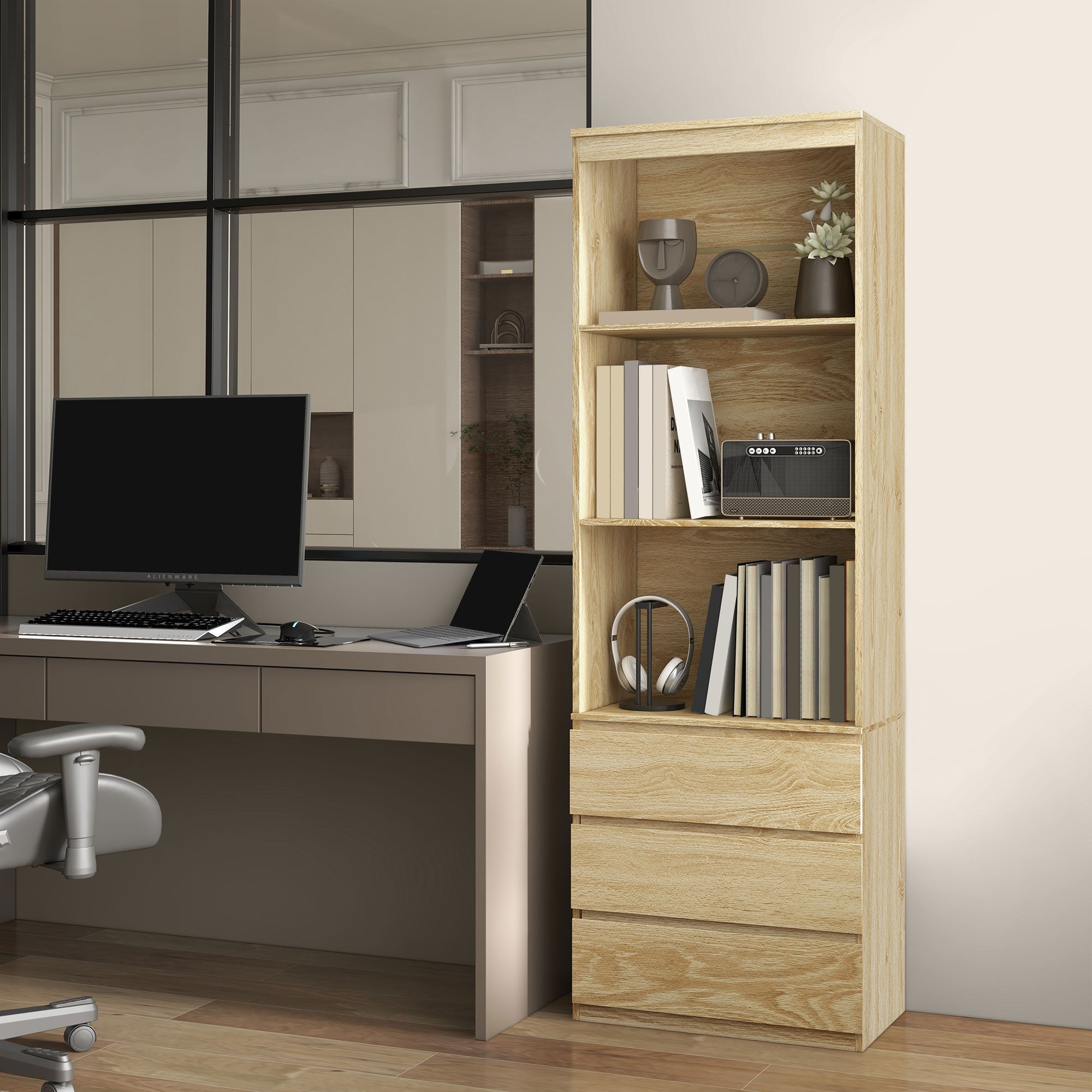 HOMCOM 180cm Tall Bookcase with Storage, Free Standing Bookshelf with 3 Shelves and 3 Drawers, Display Cabinet for Living Room, Home Office, Bedroom, Oak Wood Effect