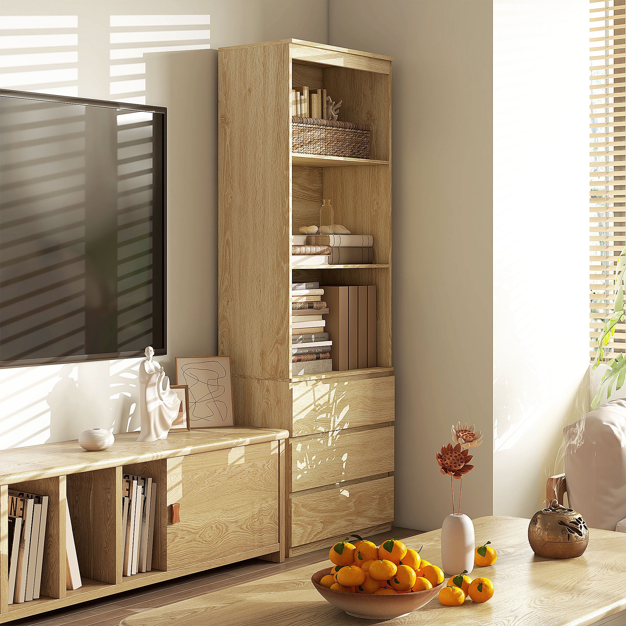 HOMCOM 180cm Tall Bookcase with Storage, Free Standing Bookshelf with 3 Shelves and 3 Drawers, Display Cabinet for Living Room, Home Office, Bedroom, Oak Wood Effect