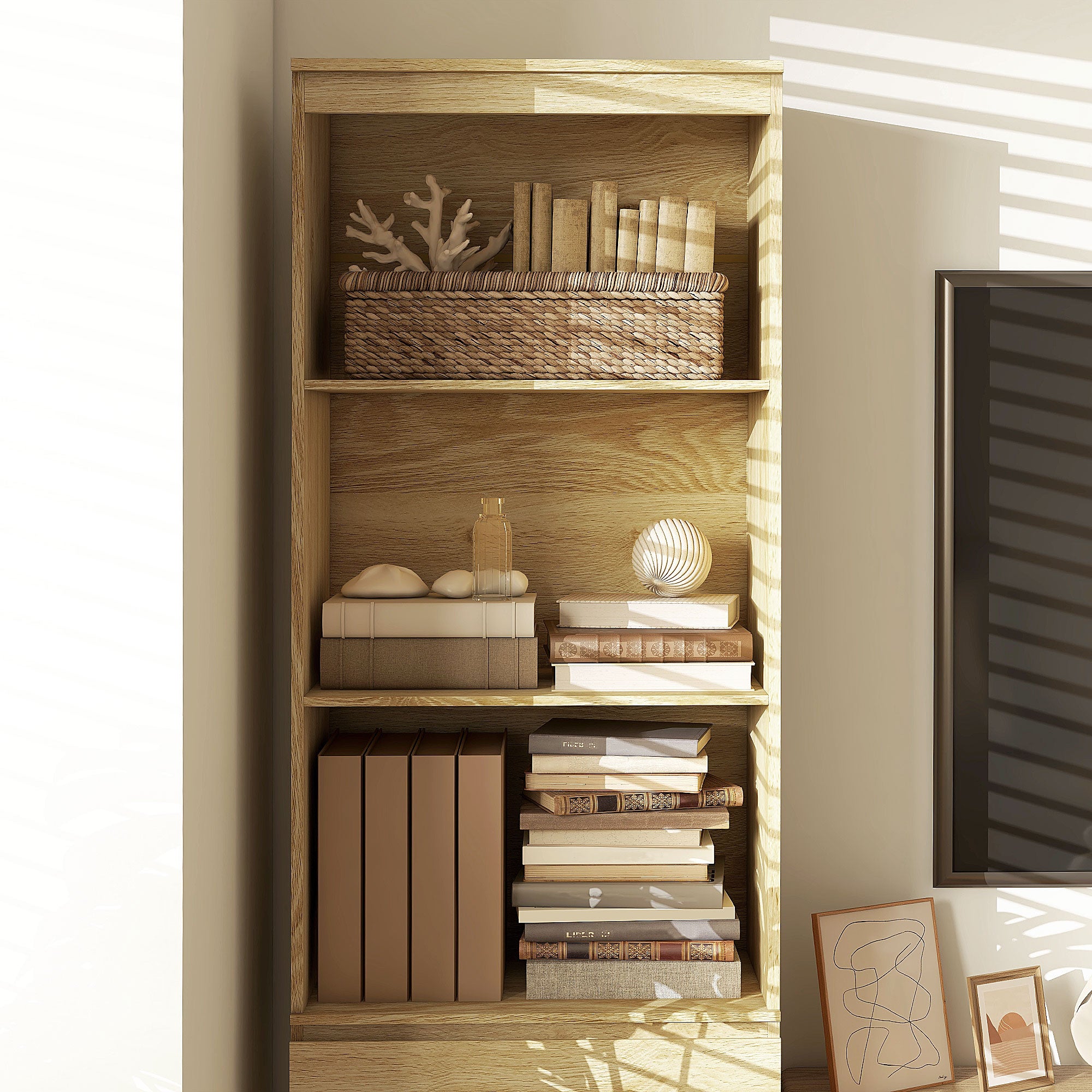 HOMCOM 180cm Tall Bookcase with Storage, Free Standing Bookshelf with 3 Shelves and 3 Drawers, Display Cabinet for Living Room, Home Office, Bedroom, Oak Wood Effect