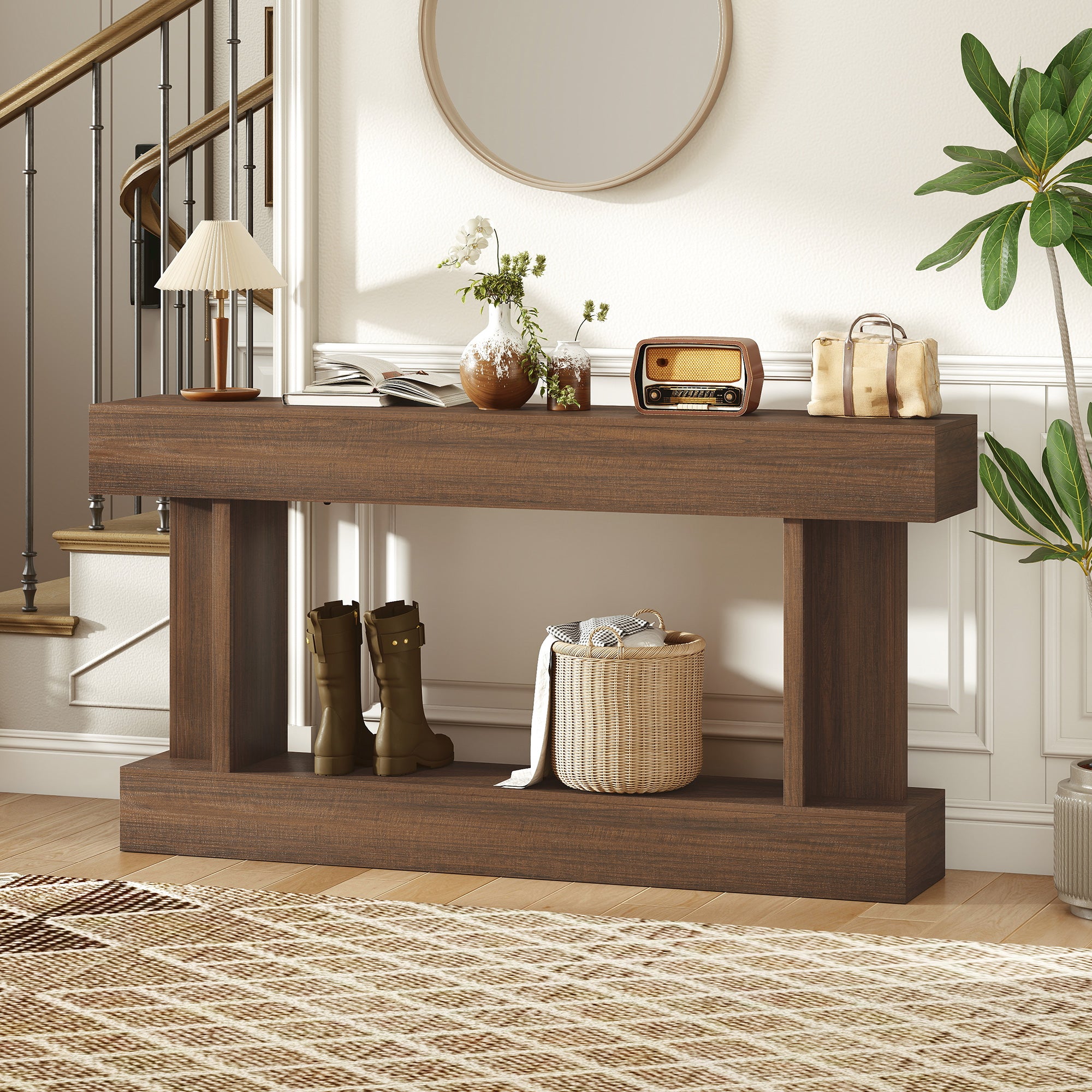 63 Inch Entryway Table, Vintage Narrow Console Tables For Entryway, Sofa Table Behind Couch with Storage Shelf for Living Room and Hallway, Brown