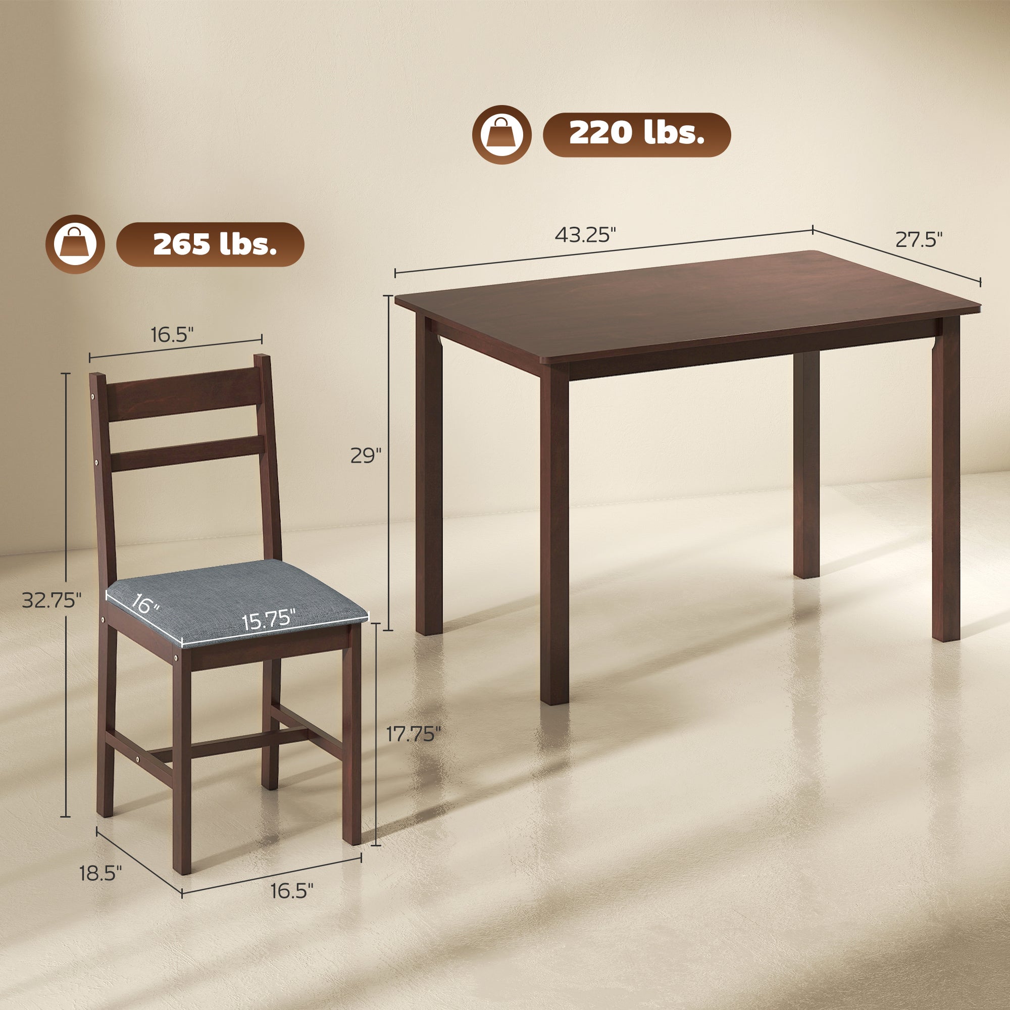 5-Piece Solid Wood Dining Table Set for 4, Farmhouse Kitchen Table with Upholstered Chairs for Small Space, Dining Room, Breakfast Nook, Walnut and Gray