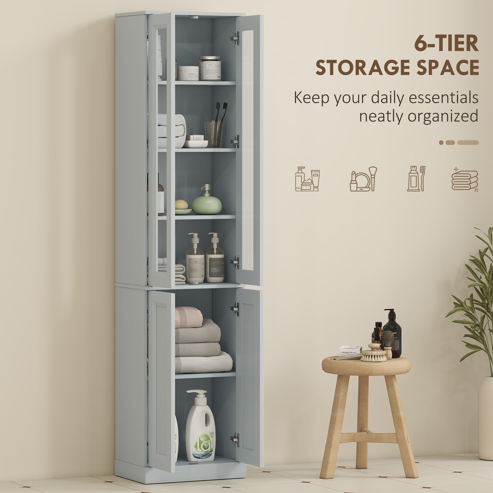 Tall Bathroom Storage Cabinet, 6-Tier Slim Freestanding Bathroom Cabinet with Adjustable Shelf, 4 Soft-Close Doors, Storage Unit for Small Space, 38 x 26 x 160 cm, Dusty Blue