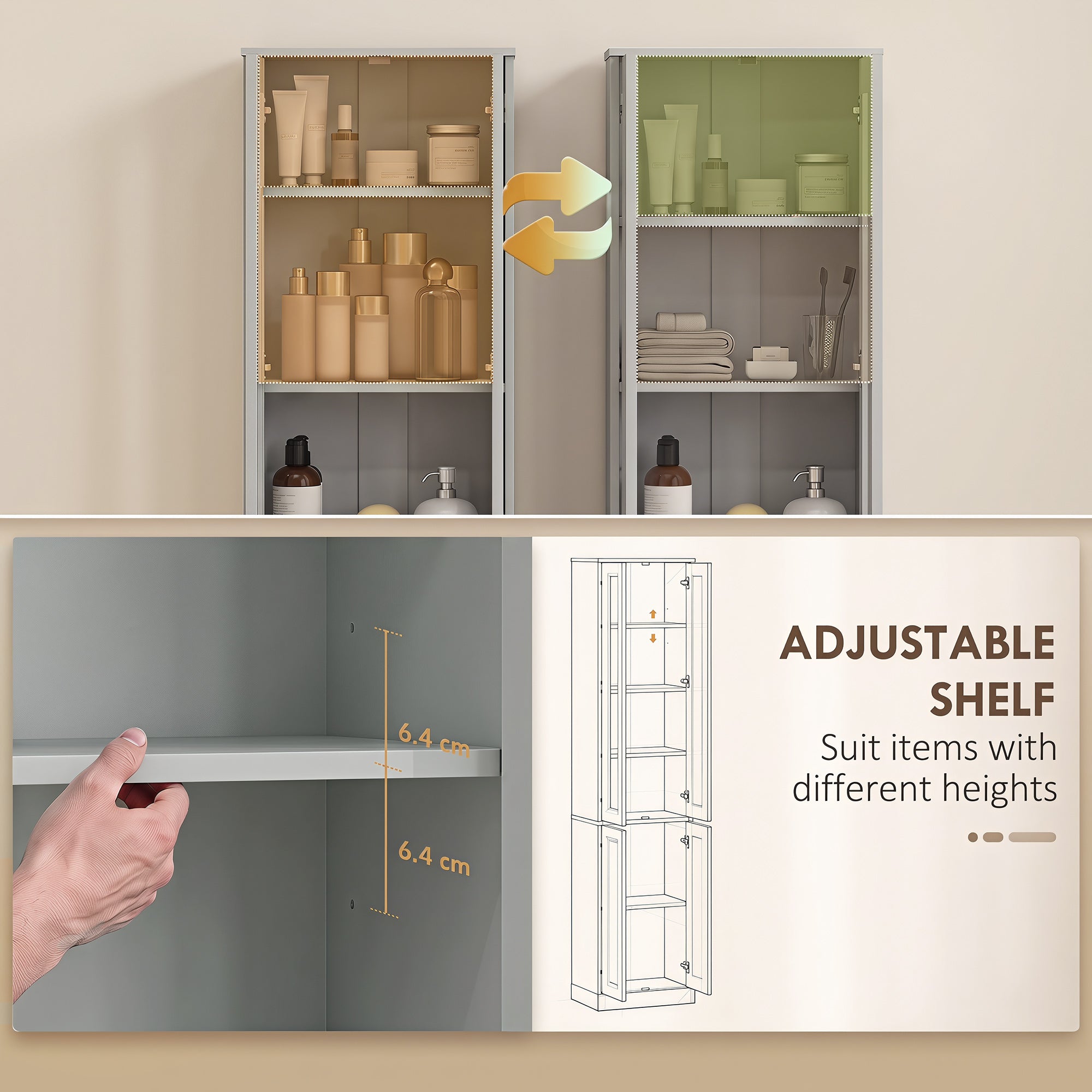 Tall Bathroom Storage Cabinet, 6-Tier Slim Freestanding Bathroom Cabinet with Adjustable Shelf, 4 Soft-Close Doors, Storage Unit for Small Space, 38 x 26 x 160 cm, Dusty Blue