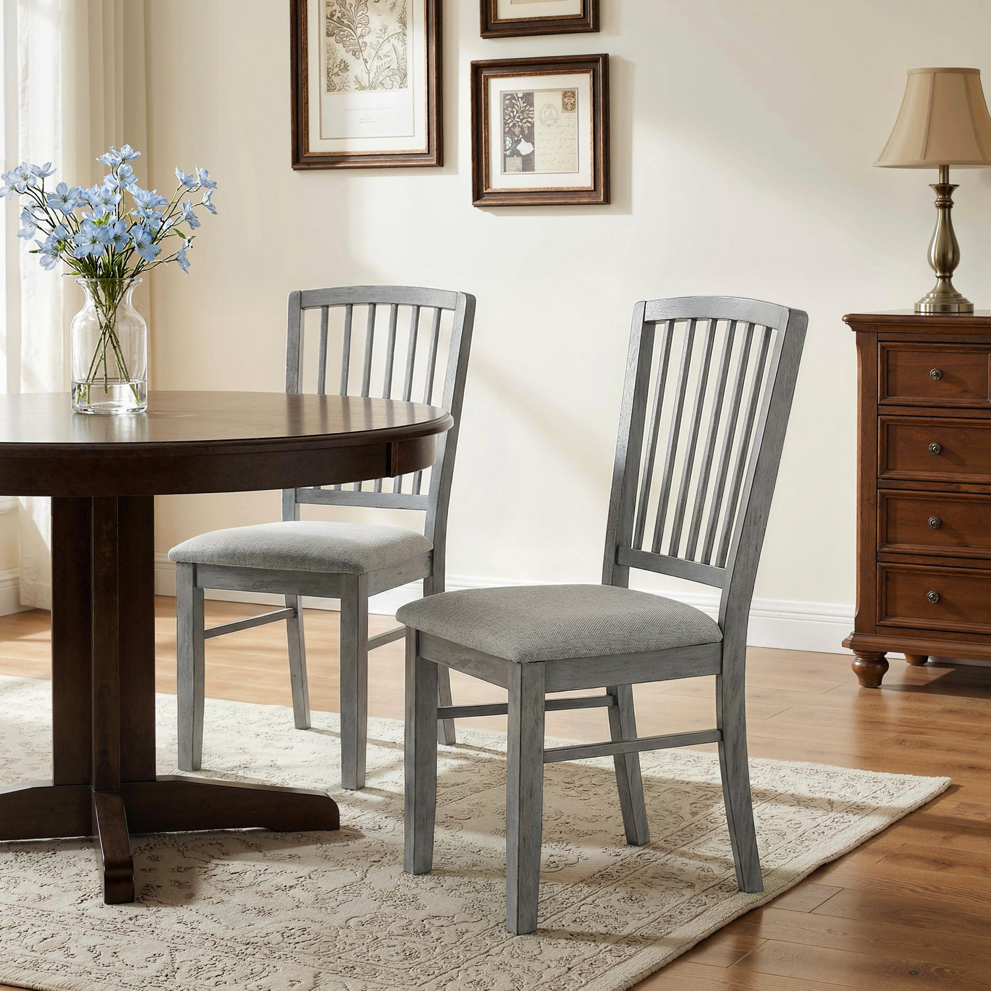Farmhouse Dining Chairs Set of 2, Upholstered Linen Fabric Kitchen Chairs with Solid Rubberwood Legs for Kitchen, Dining Room, Rustic Gray