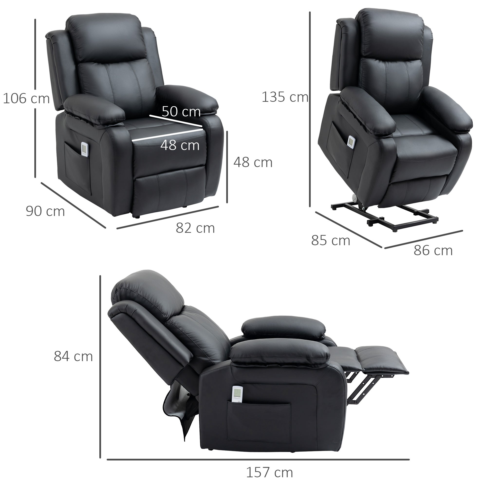 Riser and Recliner Chair with Vibration Massage, PU Leather Power Lift Chair for Elderly with Thick and High Back, Headrest, Removable Armrests, Side Pockets, Electric Lift Armchair, Black