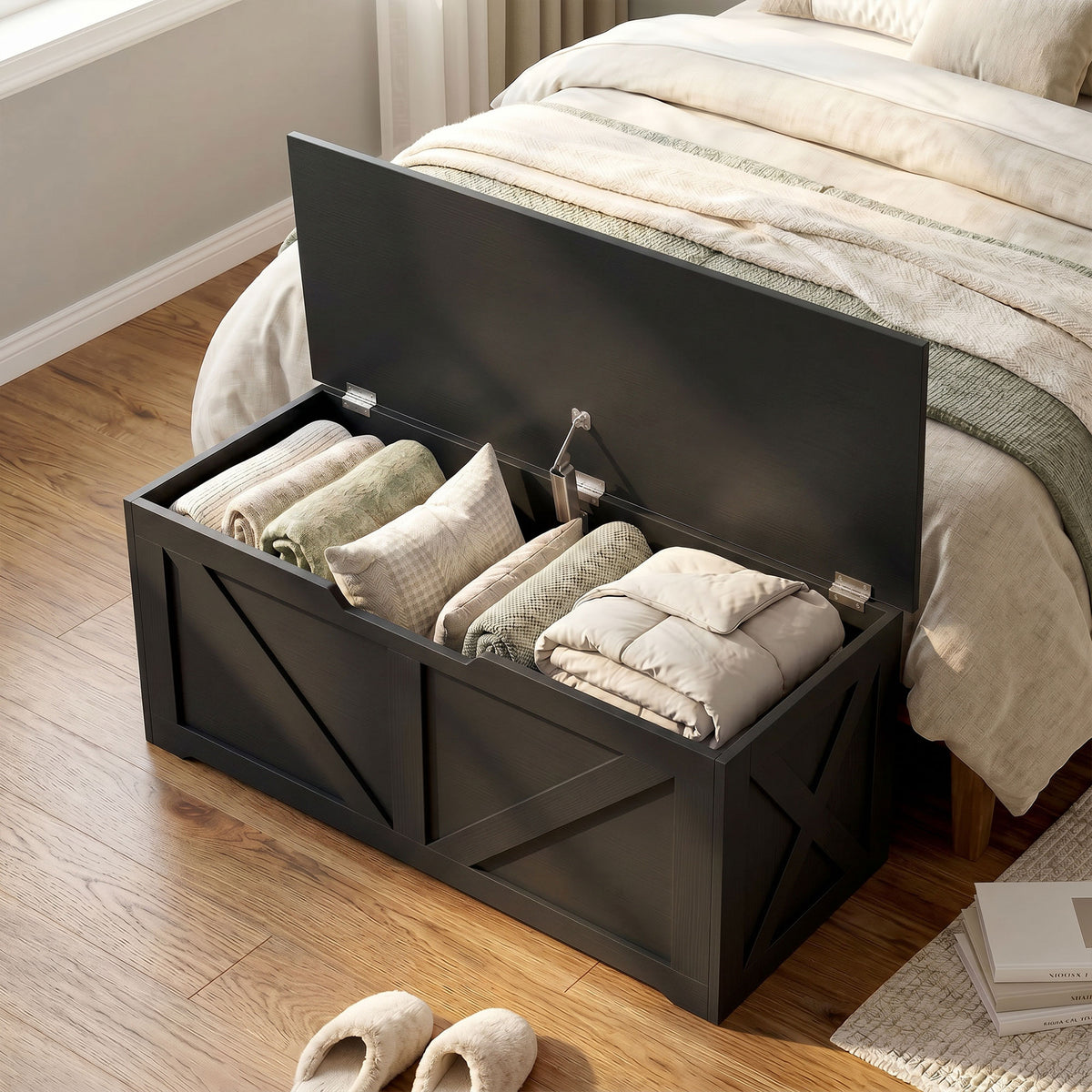 Storage Chest, Storage Bench with Safety Hinge and U-shaped Cut-out Pull for Living Room, Entryway, 31.5" x 15.7" x 17.7", Supports 300 lbs, Black Wood Grain