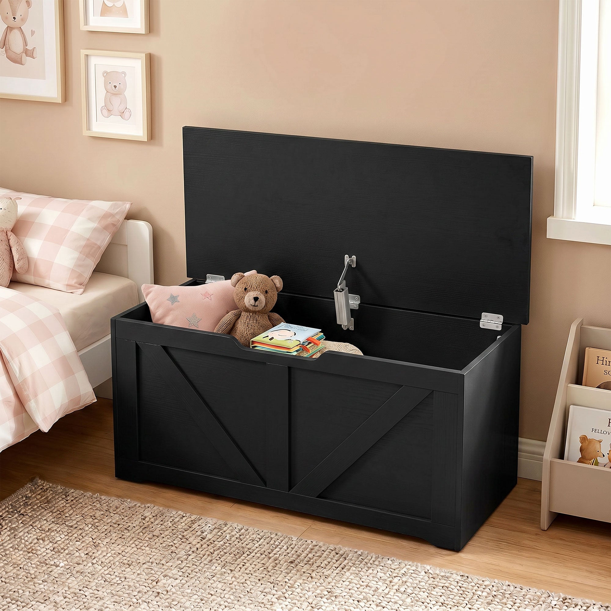 100L Storage Chest, Shoe Storage Trunk Bench Box with Safety Hinge and U-shaped Cut-out Pull, Blanket Box Ottoman for Bedroom, Living Room, Entryway, 80 x 40 x 45 cm, Black Wood-Effect