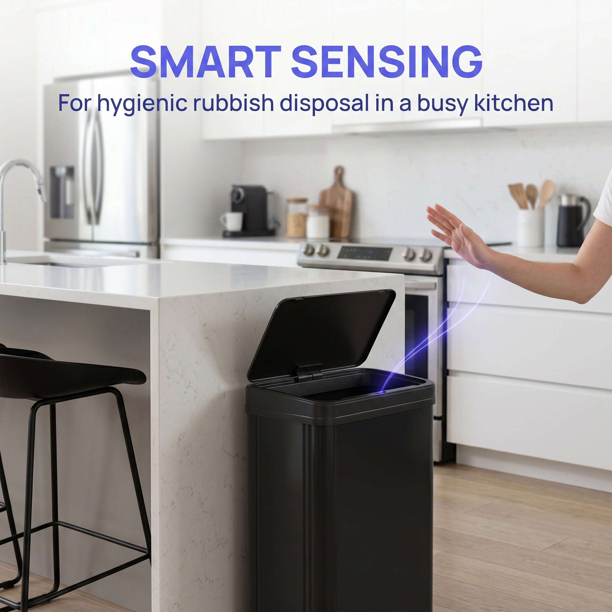 40L Sensor Bin with Quiet Soft-Close Lid, Automatic Touchless Motion Sensor Kitchen Bin with Fingerprint Resistant Stainless Steel for Hygienic Gyms, Home Office Use, Black