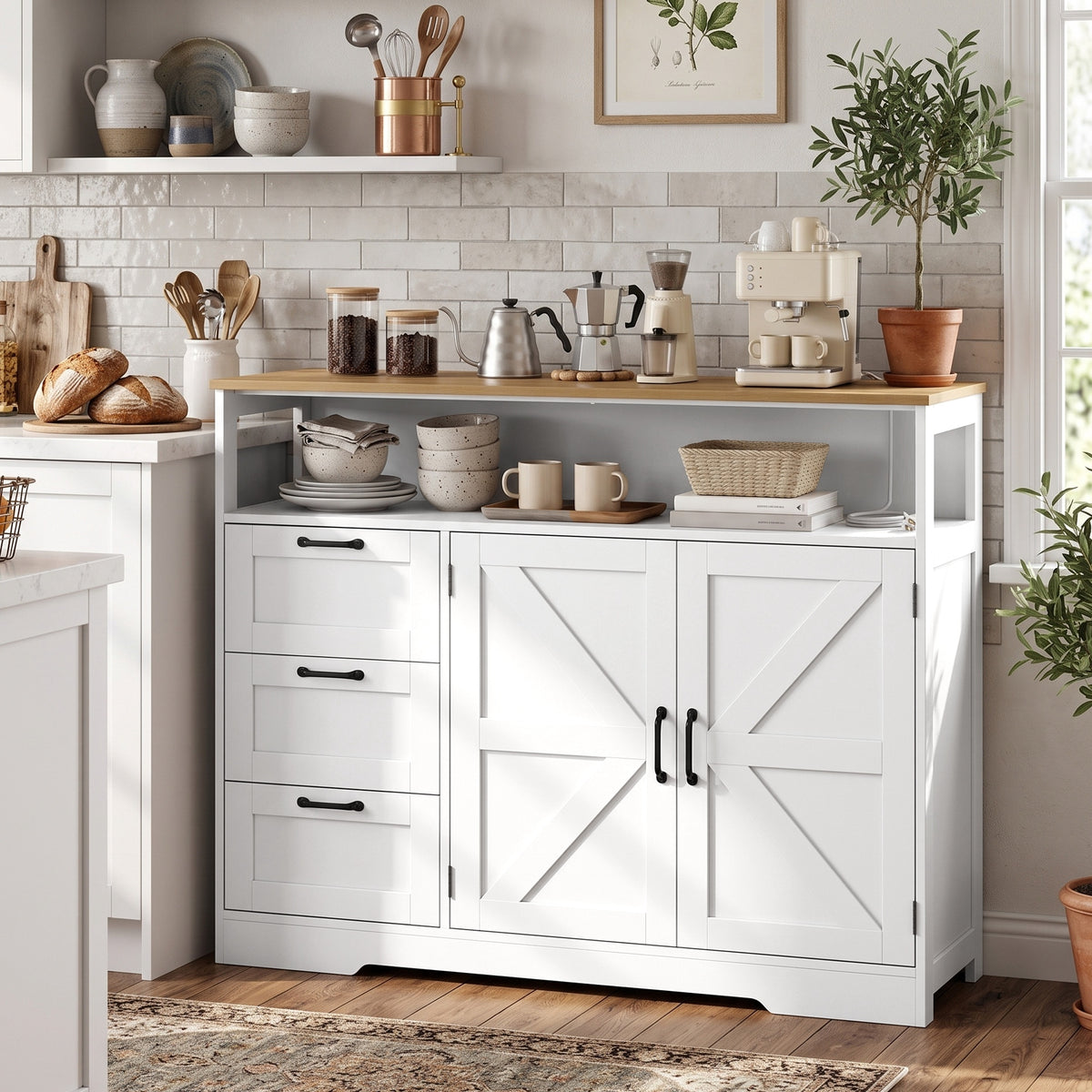 Sideboard Buffet Cabinet with Storage and Charging Station, 48" Farmhouse Kitchen Storage Cabinet with 3 Drawers and Open Shelf, Coffee Bar Station with Adjustable Shelf