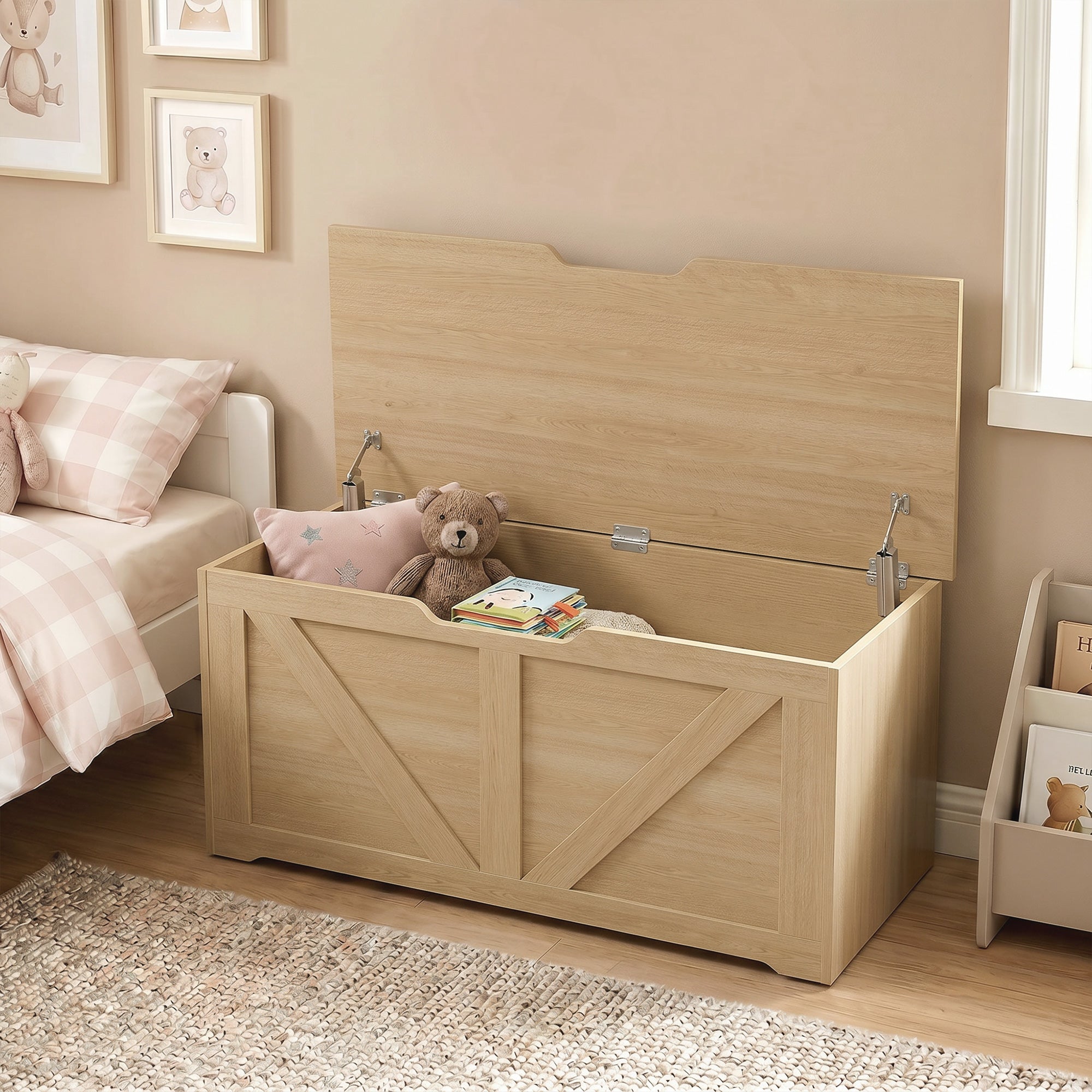 127L Storage Chest, Shoe Storage Trunk Bench Box with 2 Safety Hinges and U-shaped Cut-out Pull, Blanket Box Ottoman for Bedroom, Living Room, Entryway, 100 x 40 x 45 cm, Nature Wood Finish