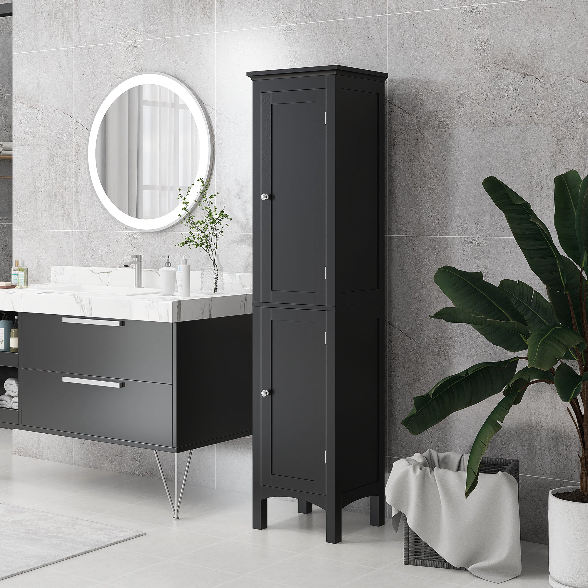 kleankin Bathroom Tall Cabinet, Freestanding Storage Organizer with Adjustable Shelves and 2 Doors, Black