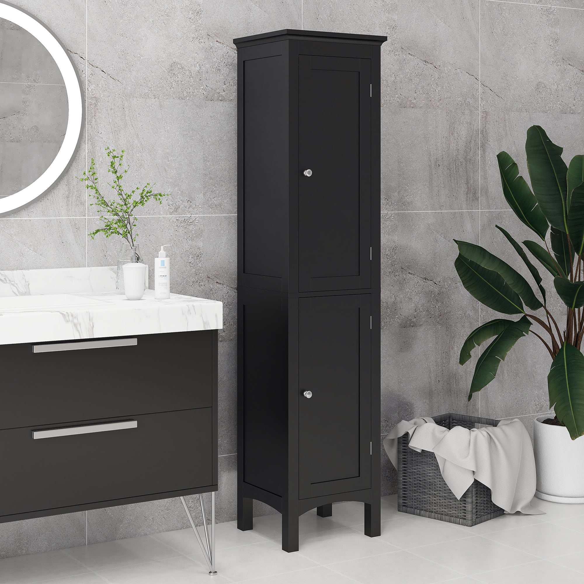 kleankin Bathroom Tall Cabinet, Freestanding Storage Organizer with Adjustable Shelves and 2 Doors, Black