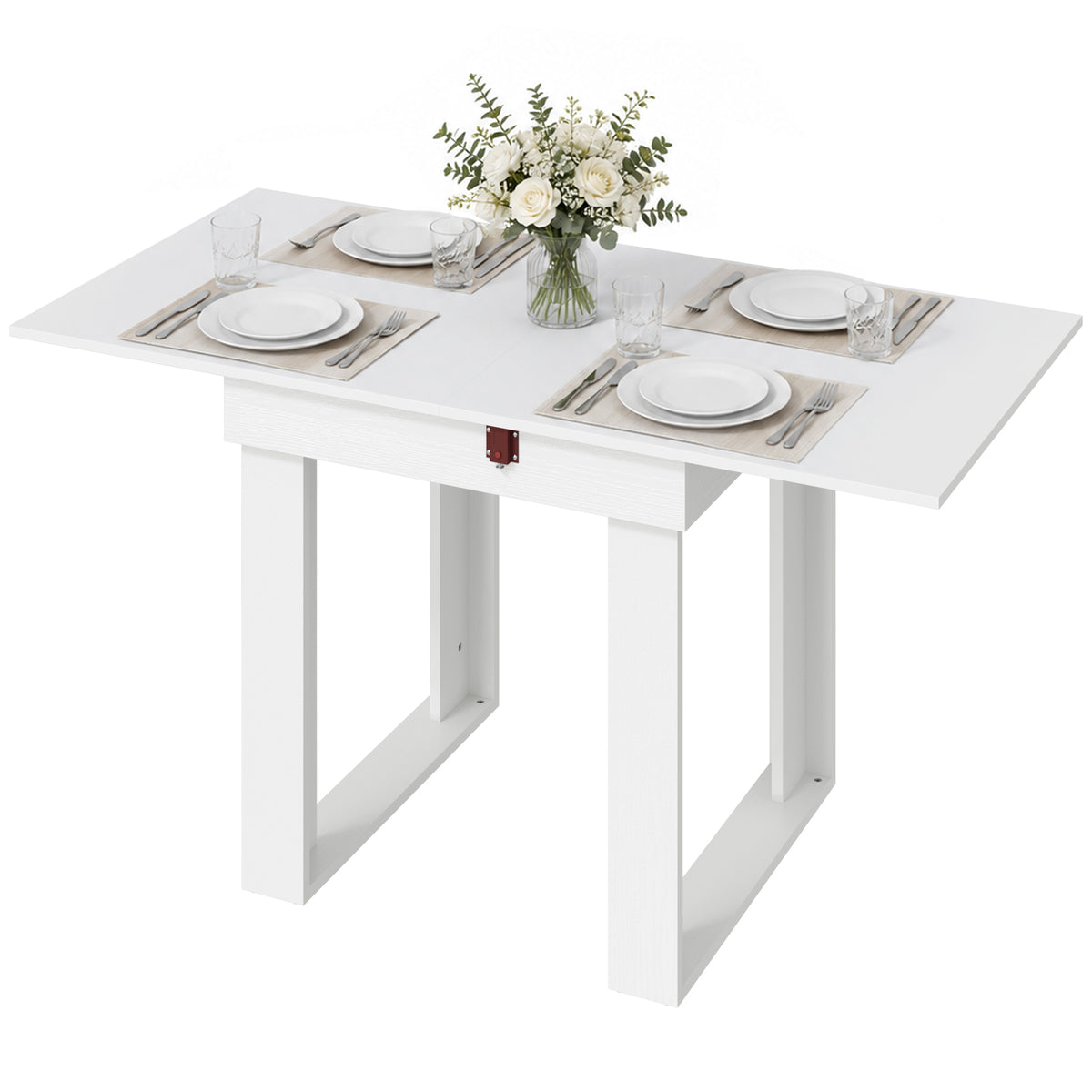 Folding Dining Table for 4 with Under-Table Storage, 70-140 cm Modern Extendable Kitchen Table with Steel Rail, Space-Saving for Kitchen, Dining Room, White