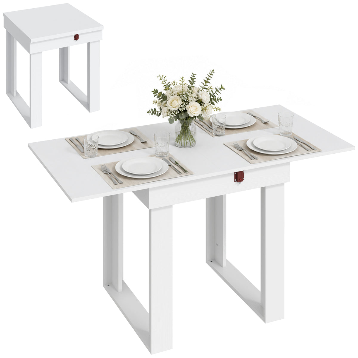Folding Dining Table for 4 with Under-Table Storage, 70-140 cm Modern Extendable Kitchen Table with Steel Rail, Space-Saving for Kitchen, Dining Room, White