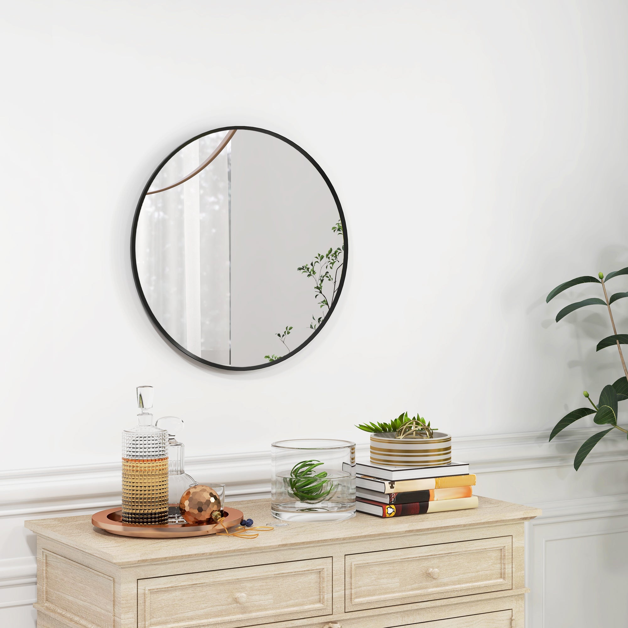 HOMCOM 24" Round Wall Mirror, Bathroom Mirror for Living Room, Bedroom, Entryway, Home Decor, Black