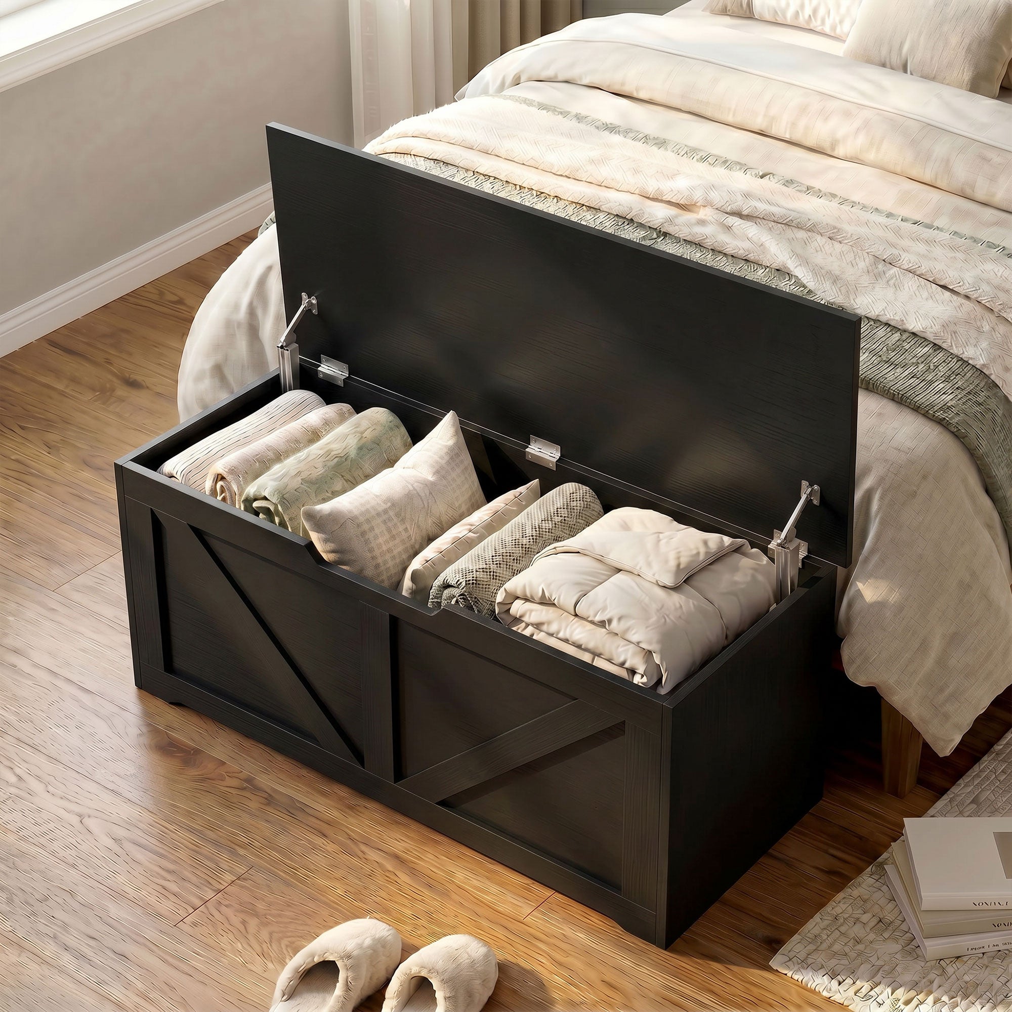 127L Storage Chest, Shoe Storage Trunk Bench Box with 2 Safety Hinges and U-shaped Cut-out Pull, Blanket Box Ottoman for Bedroom, Living Room, Entryway, 100 x 40 x 45 cm, Black Wood-Effect