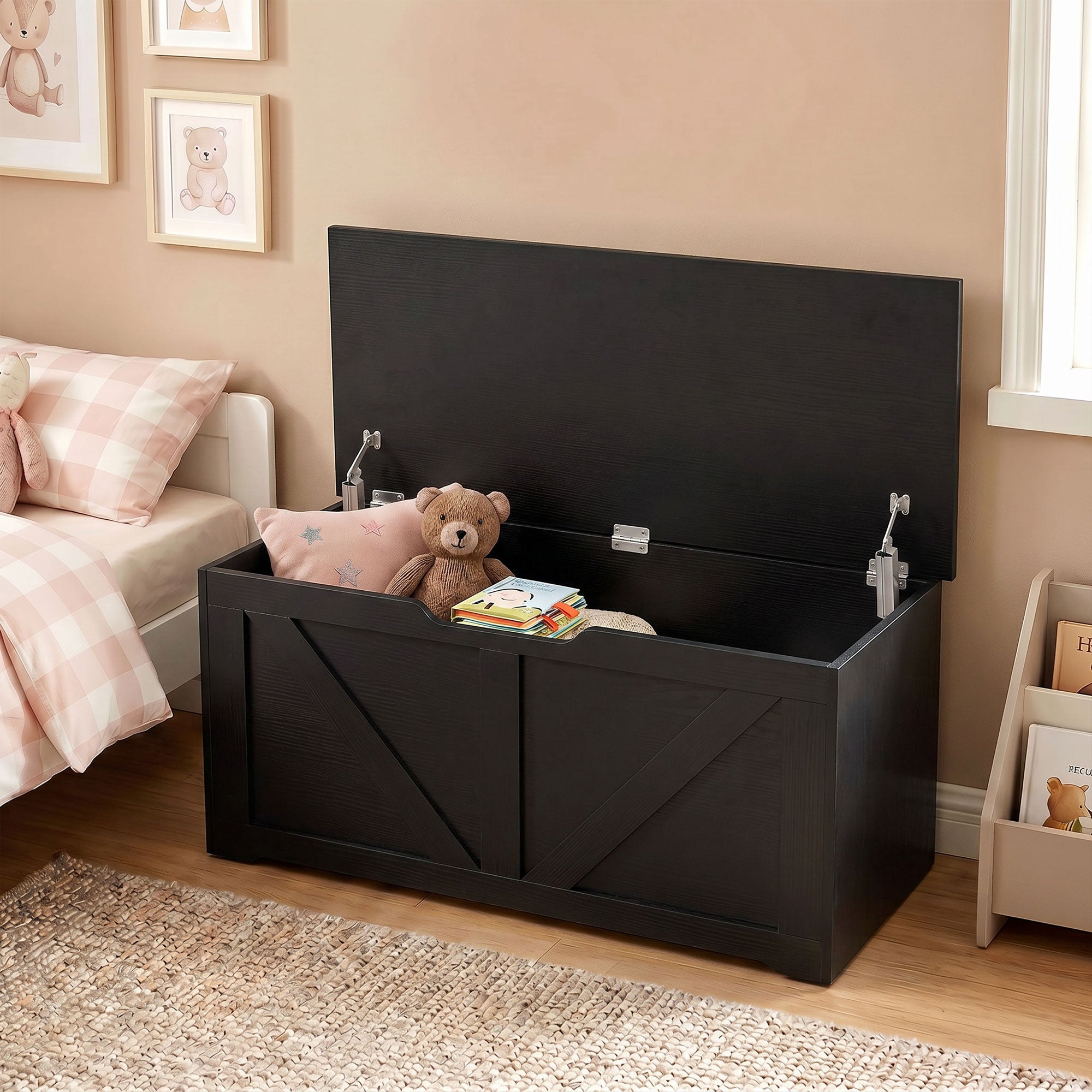 127L Storage Chest, Shoe Storage Trunk Bench Box with 2 Safety Hinges and U-shaped Cut-out Pull, Blanket Box Ottoman for Bedroom, Living Room, Entryway, 100 x 40 x 45 cm, Black Wood-Effect