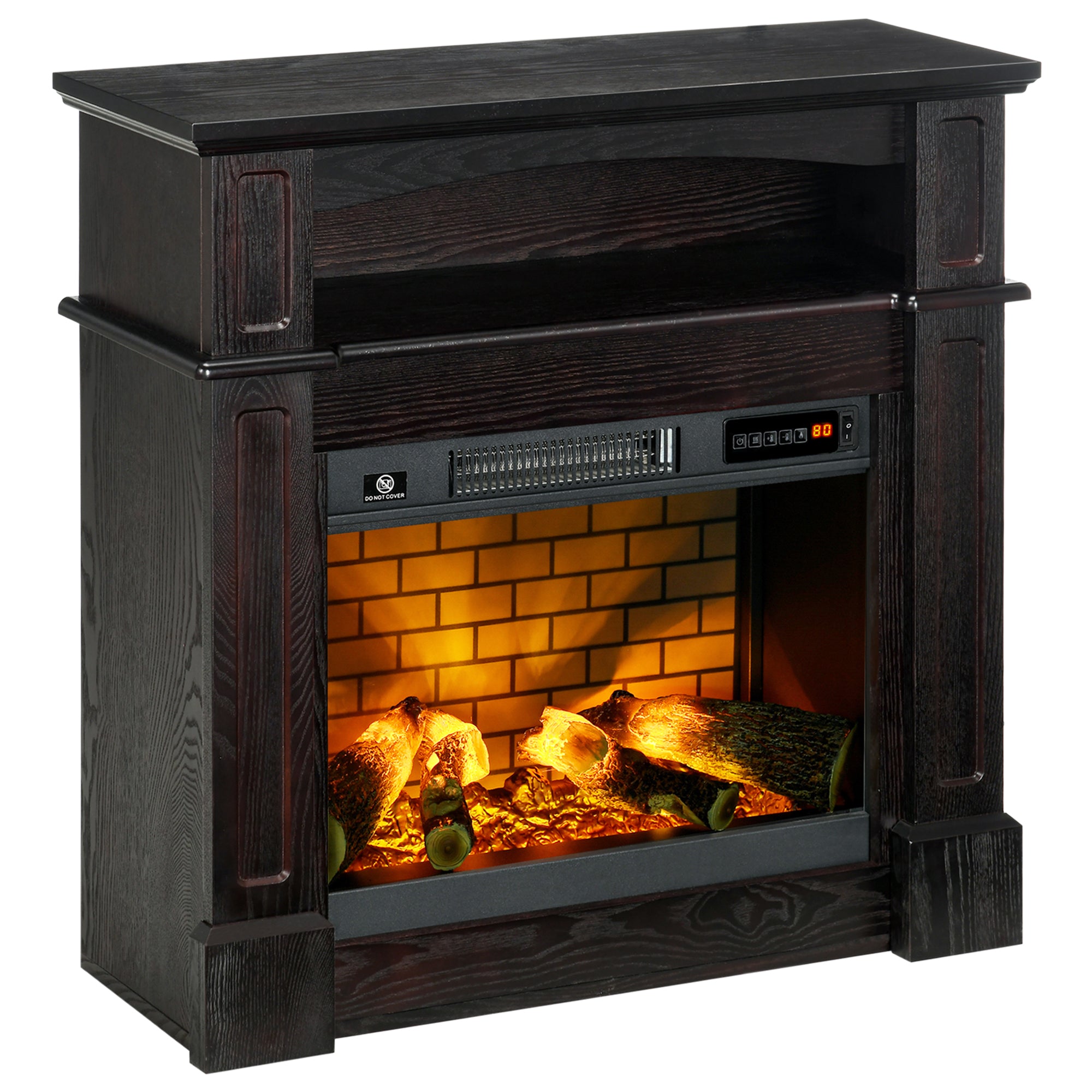 32" Electric Fireplace with Mantel, Freestanding Heater with LED Log Flame, Shelf and Remote Control, 1400W, Brown