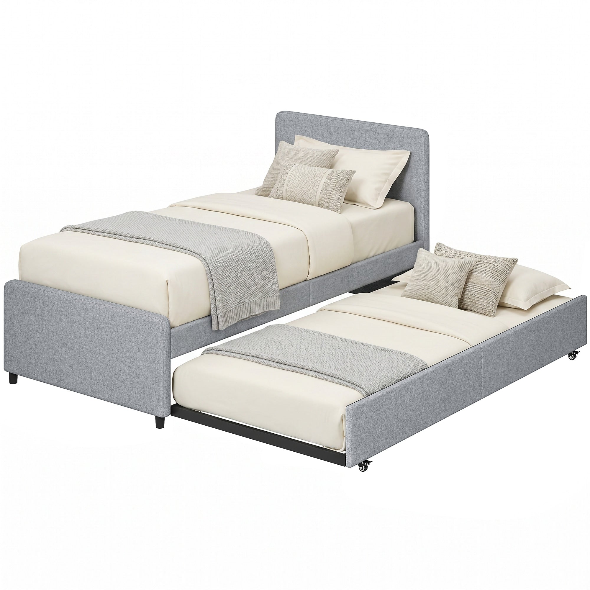 3ft Single Bed Frame with Trundle, Upholstered Pull Out Trundle Bed with Headboard and Footboard for Adults & Teenagers, 90 x 190 cm, No Mattress, Light Grey
