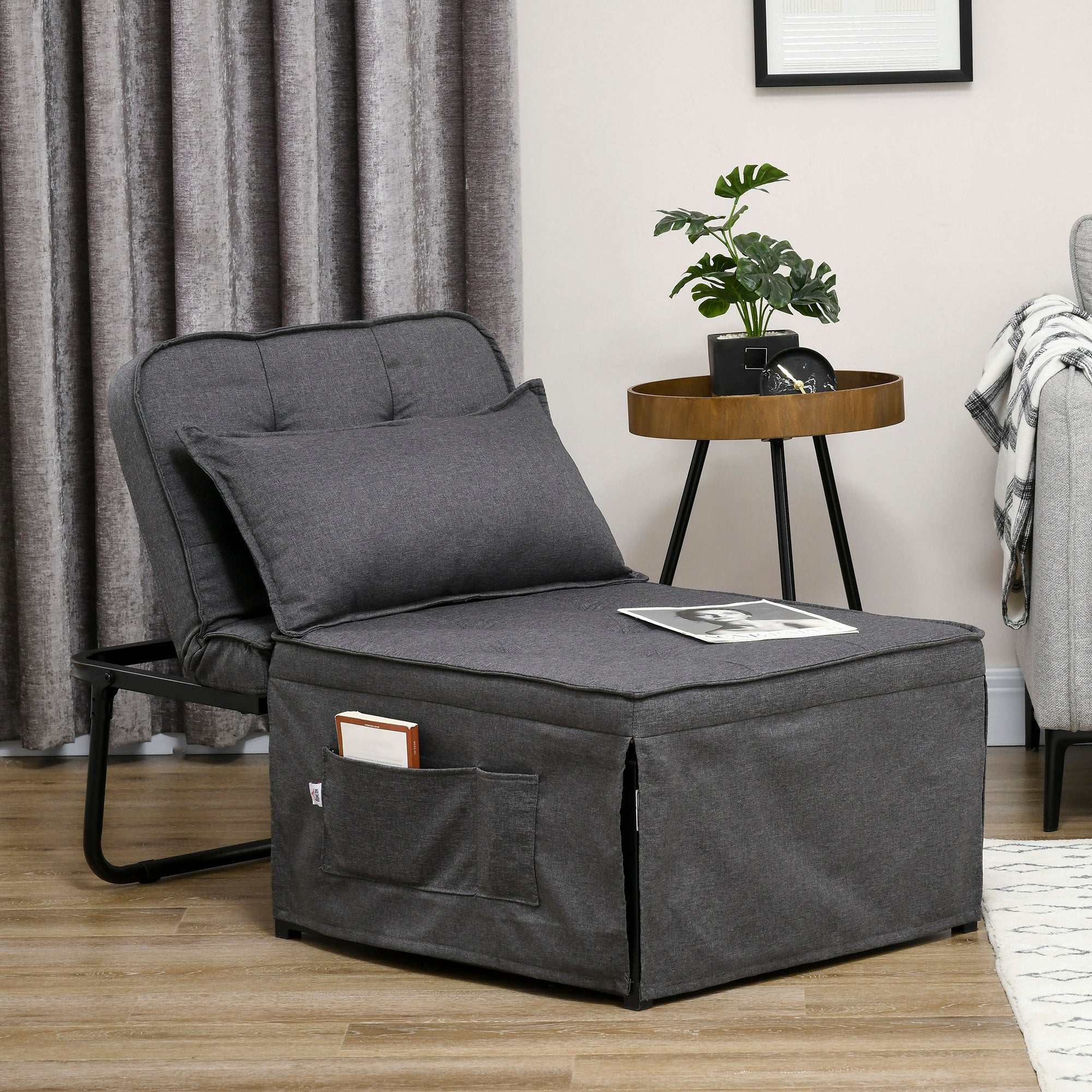 HOMCOM Folding Chair Bed, 4-in-1 Convertible Sleeper Chair with Adjustable Backrest, Pillow, Side Pockets, Armchair for Bedroom, Living Room, Charcoal Grey