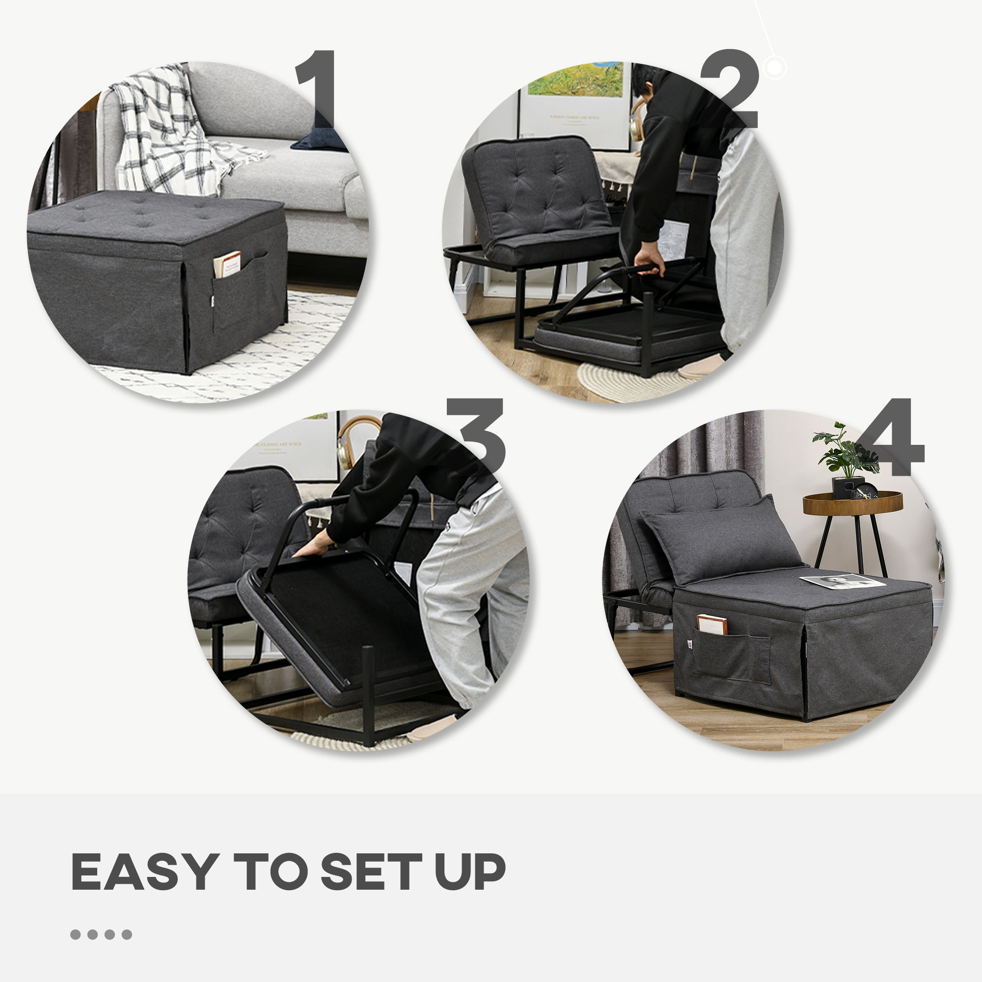 HOMCOM Folding Chair Bed, 4-in-1 Convertible Sleeper Chair with Adjustable Backrest, Pillow, Side Pockets, Armchair for Bedroom, Living Room, Charcoal Grey