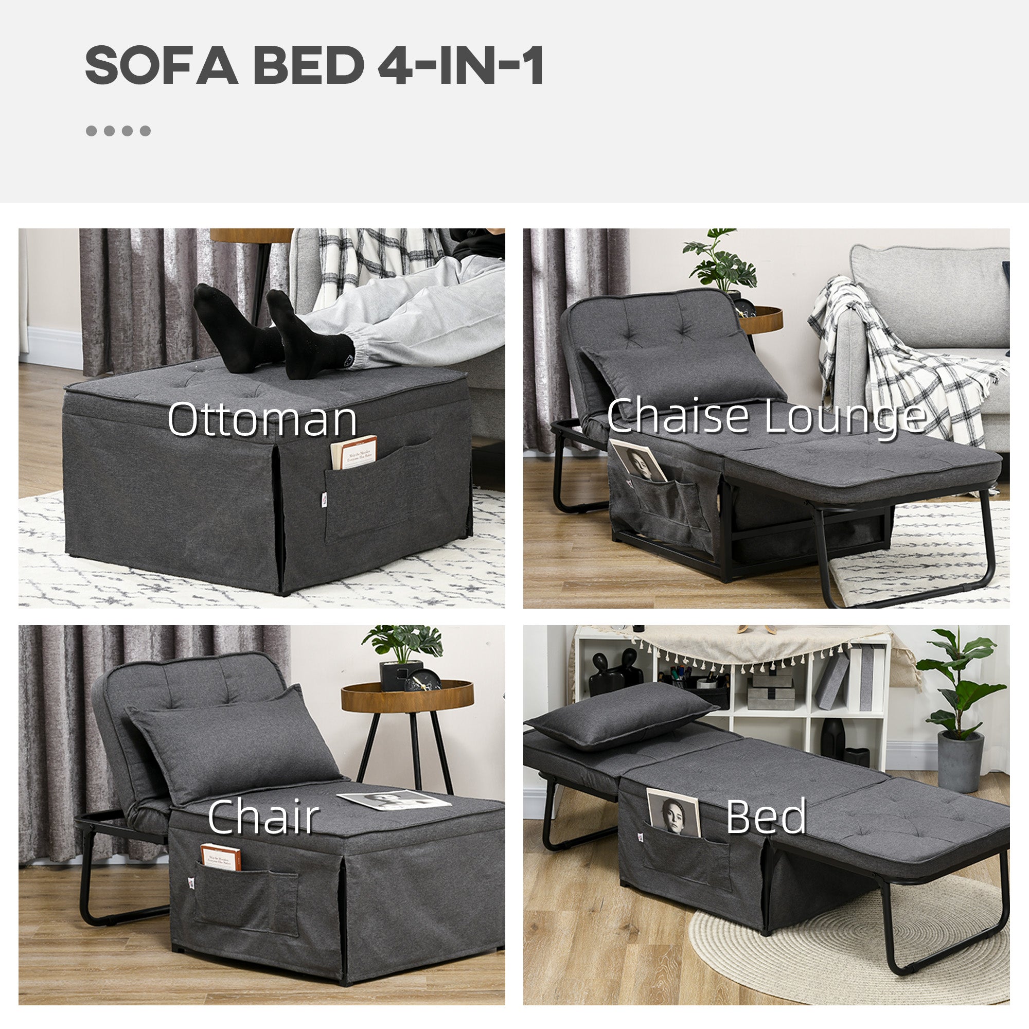 HOMCOM Folding Chair Bed, 4-in-1 Convertible Sleeper Chair with Adjustable Backrest, Pillow, Side Pockets, Armchair for Bedroom, Living Room, Charcoal Grey