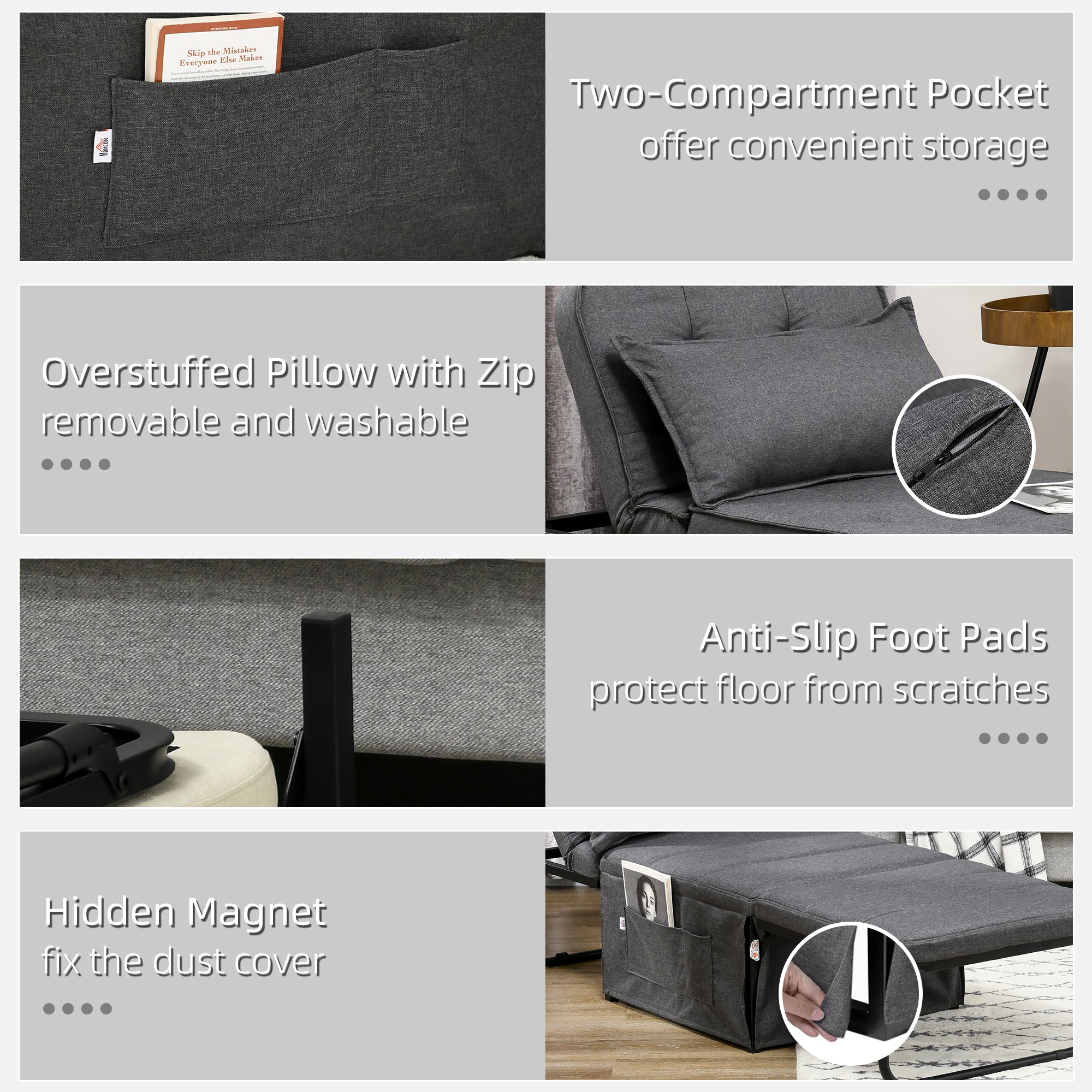 HOMCOM Folding Chair Bed, 4-in-1 Convertible Sleeper Chair with Adjustable Backrest, Pillow, Side Pockets, Armchair for Bedroom, Living Room, Charcoal Grey