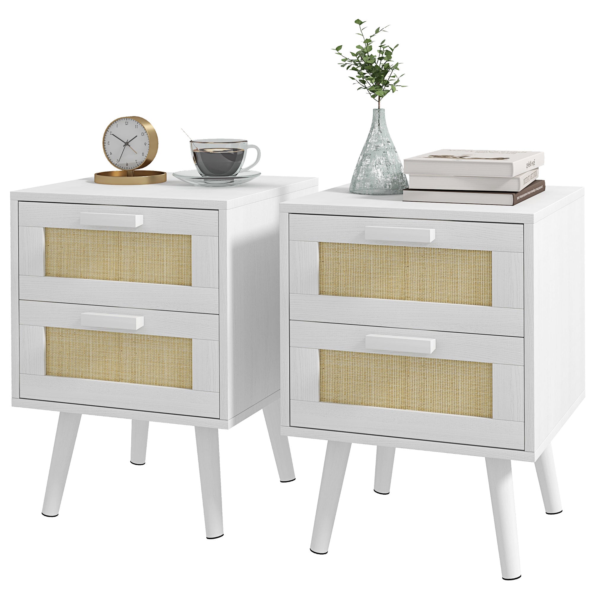 HOMCOM Boho Design Nightstand Set of 2, Side End Table with 2 Drawers, for Bedroom, White