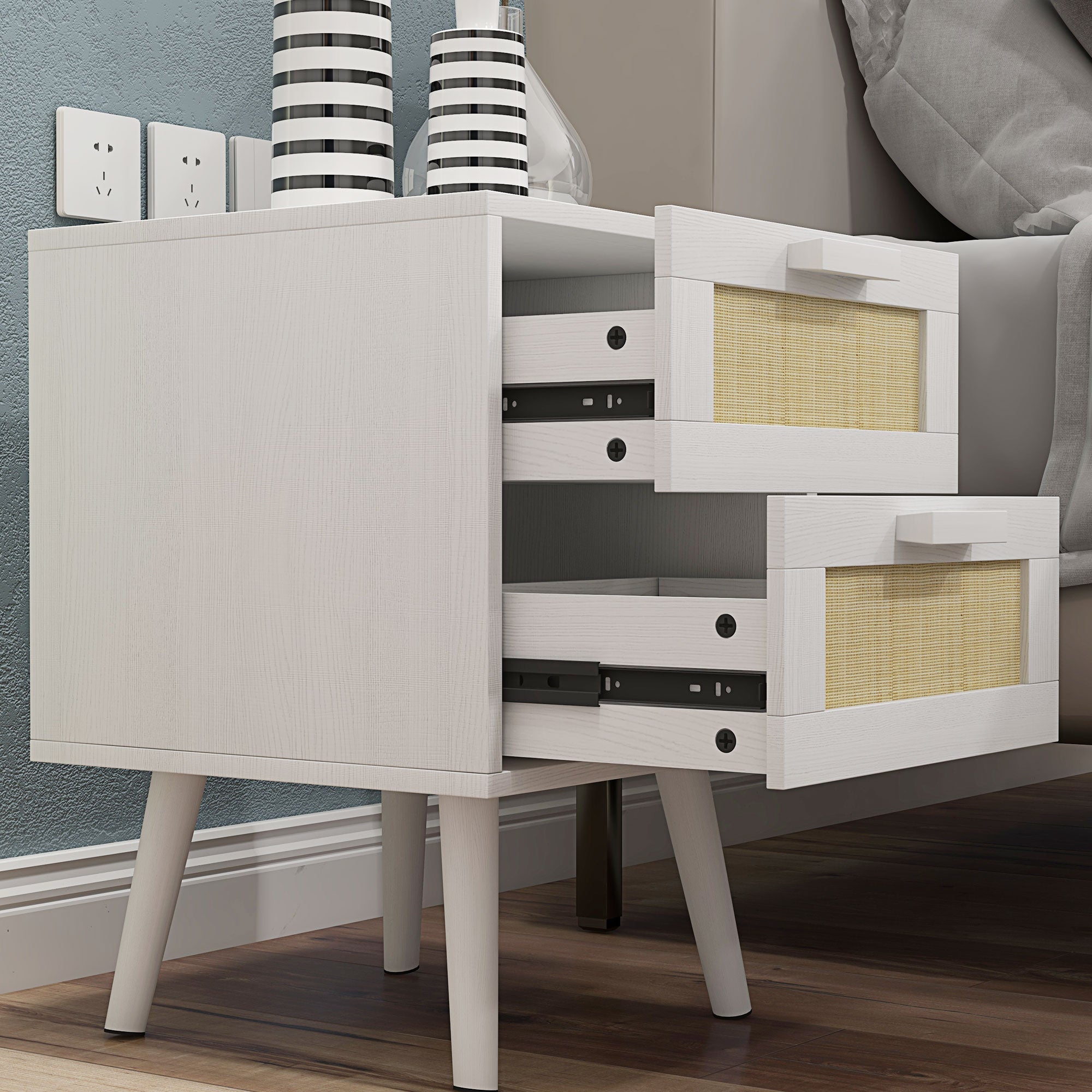 HOMCOM Boho Design Nightstand Set of 2, Side End Table with 2 Drawers, for Bedroom, White