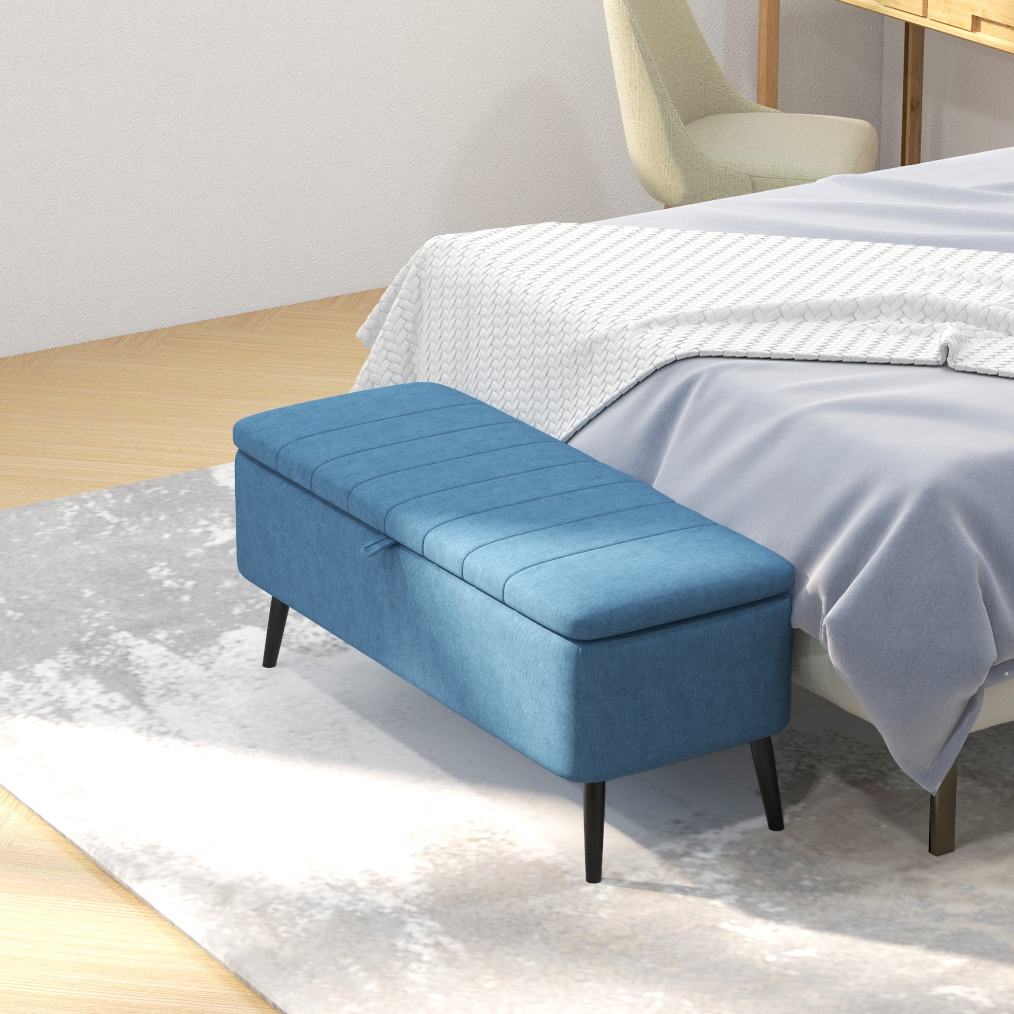HOMCOM Storage Ottoman with Flip Top, Rectangular Upholstered Bench, Linen Fabric Footstool with Steel Legs for Living Room, Bedroom, Dark Blue