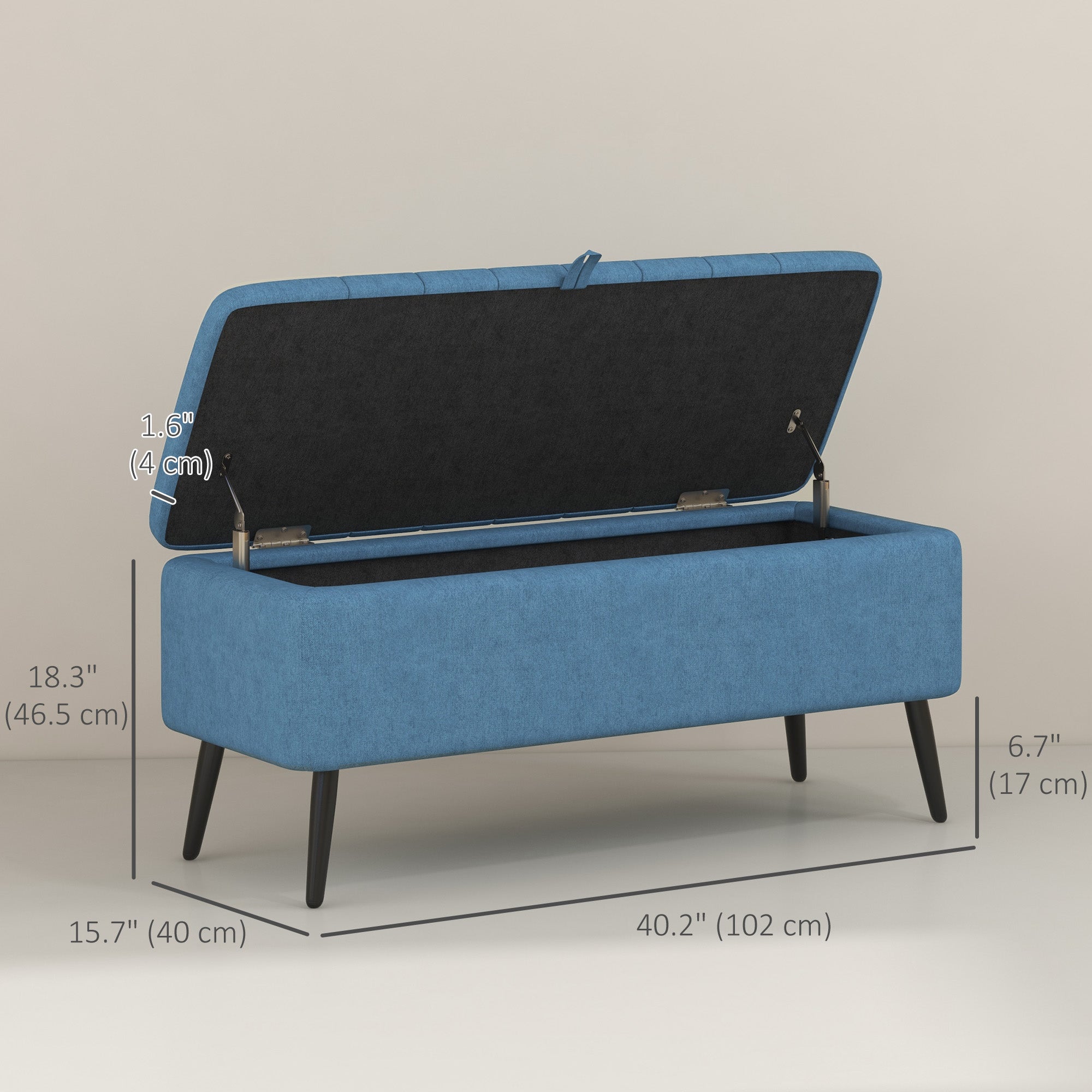HOMCOM Storage Ottoman with Flip Top, Rectangular Upholstered Bench, Linen Fabric Footstool with Steel Legs for Living Room, Bedroom, Dark Blue