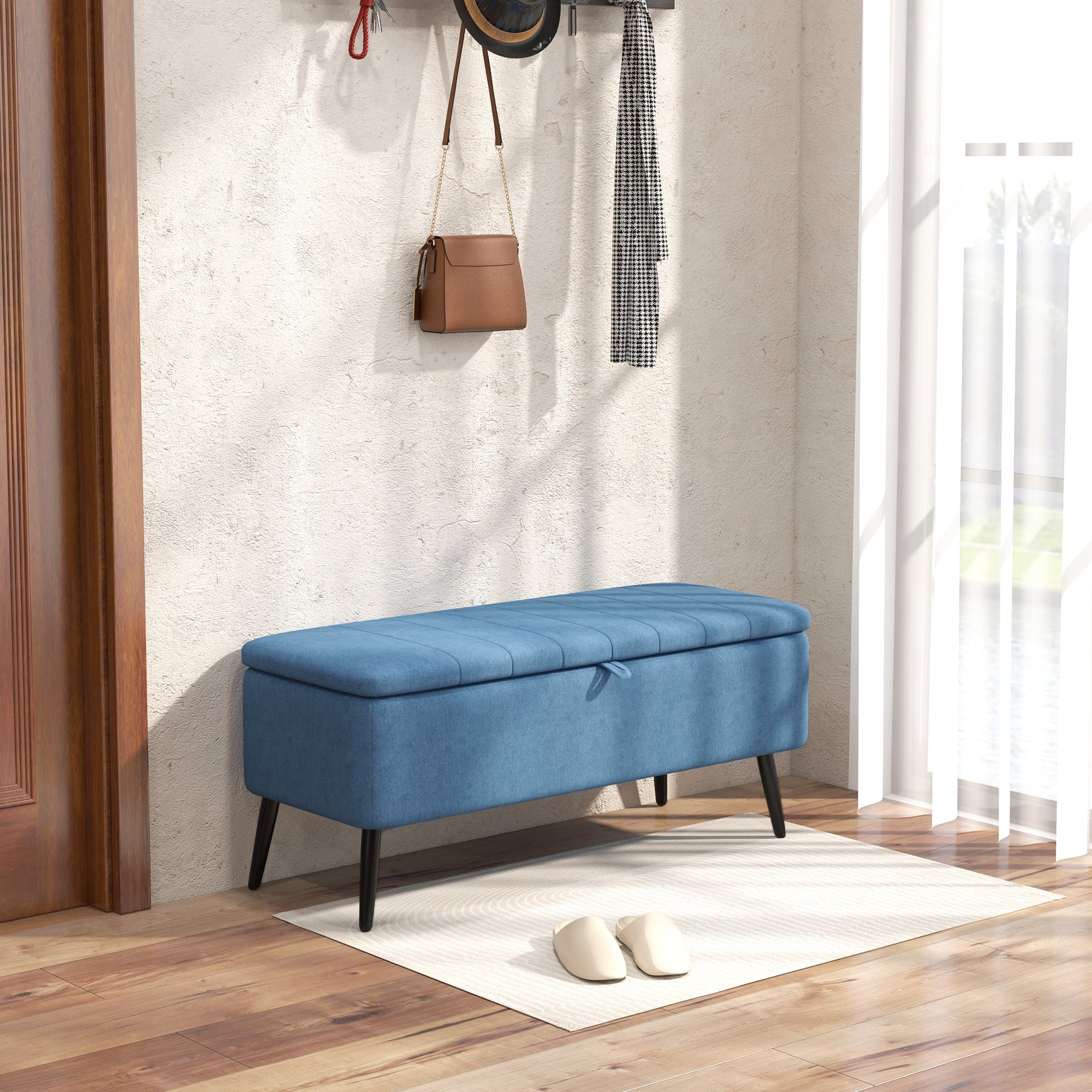 HOMCOM Storage Ottoman with Flip Top, Rectangular Upholstered Bench, Linen Fabric Footstool with Steel Legs for Living Room, Bedroom, Dark Blue
