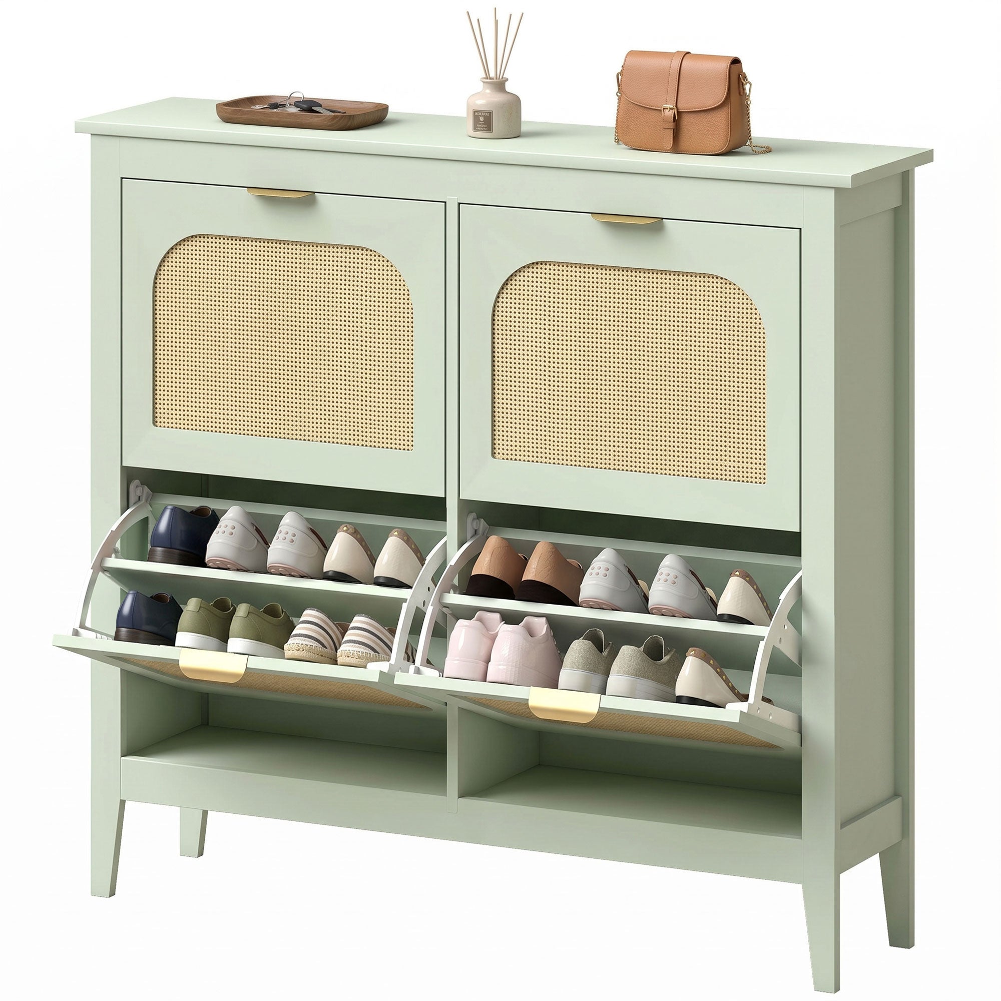 Shoe Storage Cabinet with 4 Flip Drawers, Boho Slim Shoe Cabinet with Rattan Doors for Entryway, Hallway, Holds 20 Pairs, Light Green