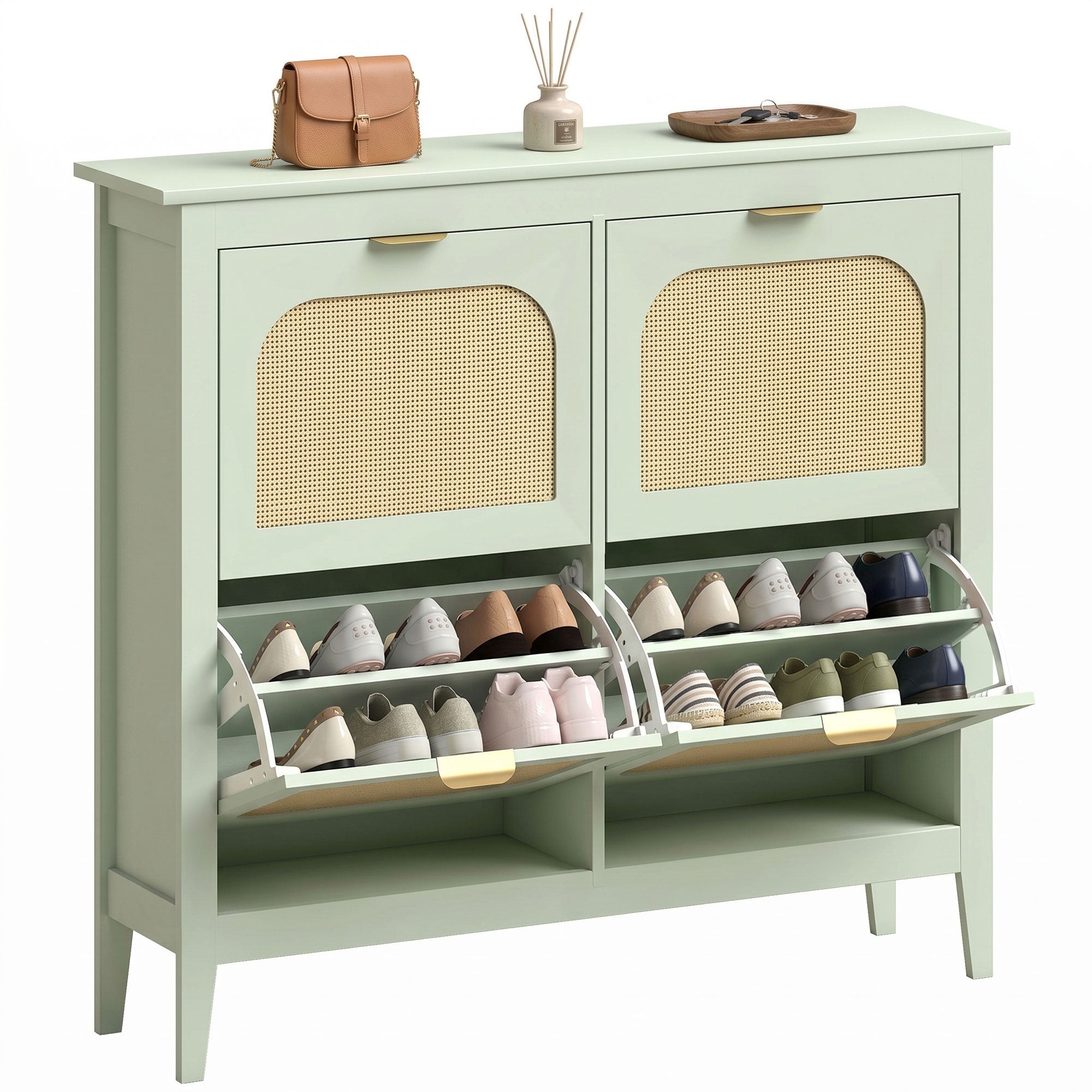 Shoe Storage Cabinet with 4 Flip Drawers, Boho Slim Shoe Cabinet with Rattan Doors for Entryway, Hallway, Holds 20 Pairs, Light Green