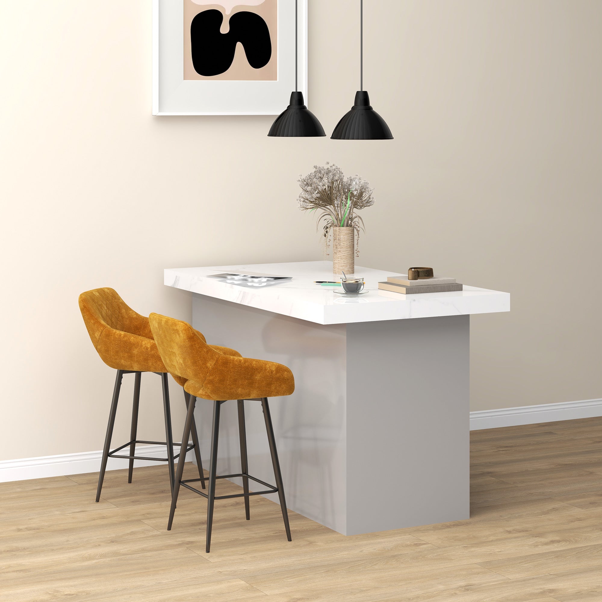 HOMCOM Bar Stools Set of 2, Velvet-Touch Fabric Counter Height Bar Chairs, Kitchen Stools with Steel Legs for Dining Area, Kitchen Island Barstools, Brown