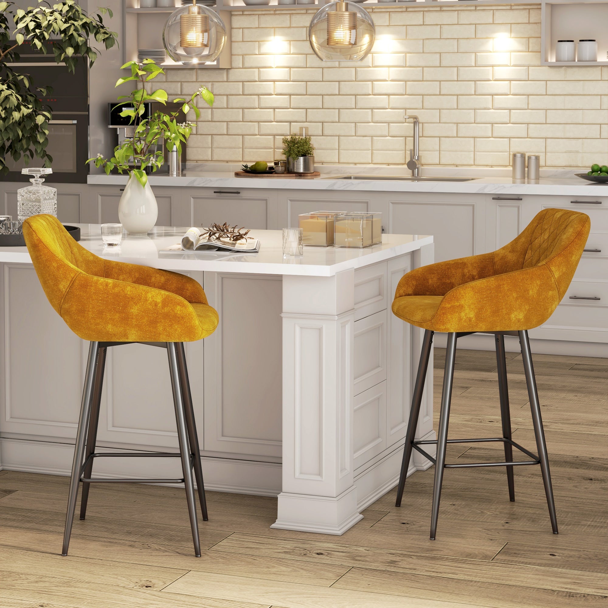 HOMCOM Bar Stools Set of 2, Velvet-Touch Fabric Counter Height Bar Chairs, Kitchen Stools with Steel Legs for Dining Area, Kitchen Island Barstools, Brown