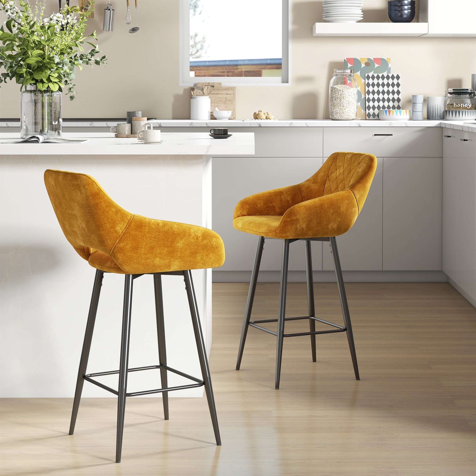 HOMCOM Bar Stools Set of 2, Velvet-Touch Fabric Counter Height Bar Chairs, Kitchen Stools with Steel Legs for Dining Area, Kitchen Island Barstools, Brown