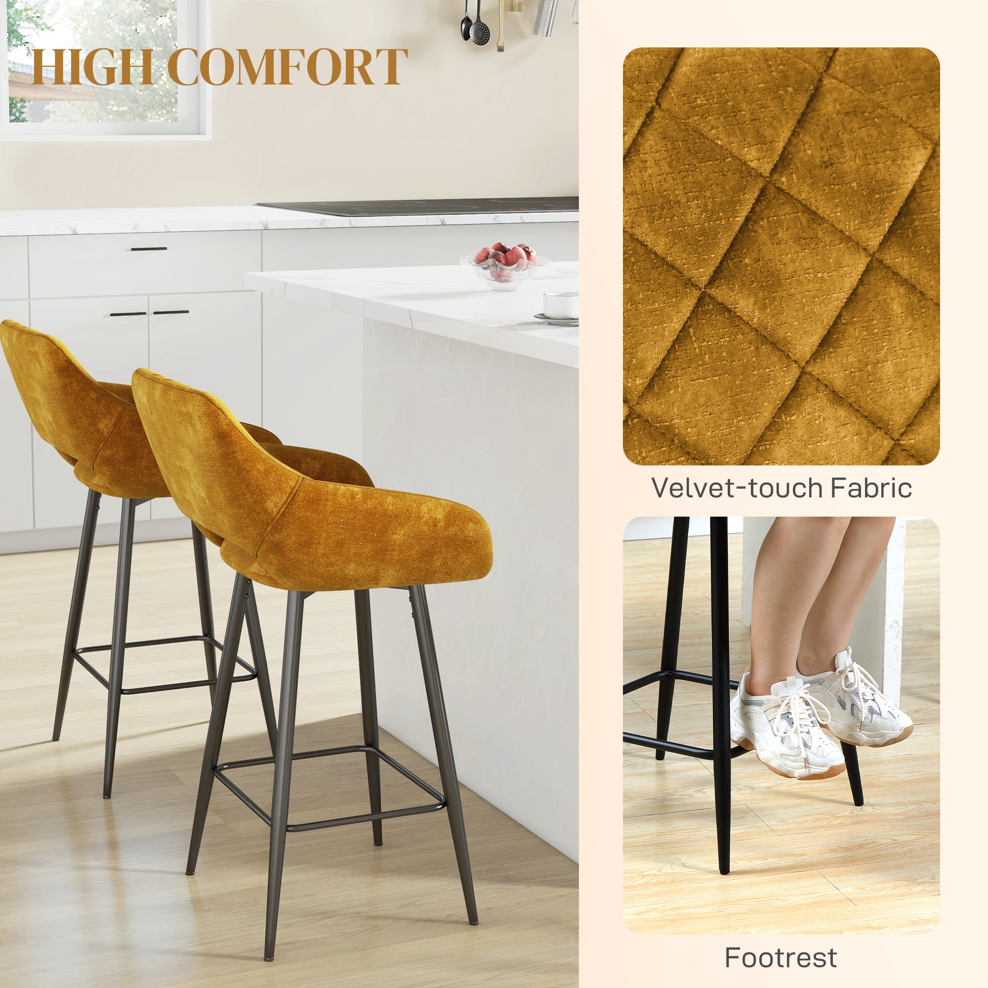HOMCOM Bar Stools Set of 2, Velvet-Touch Fabric Counter Height Bar Chairs, Kitchen Stools with Steel Legs for Dining Area, Kitchen Island Barstools, Brown