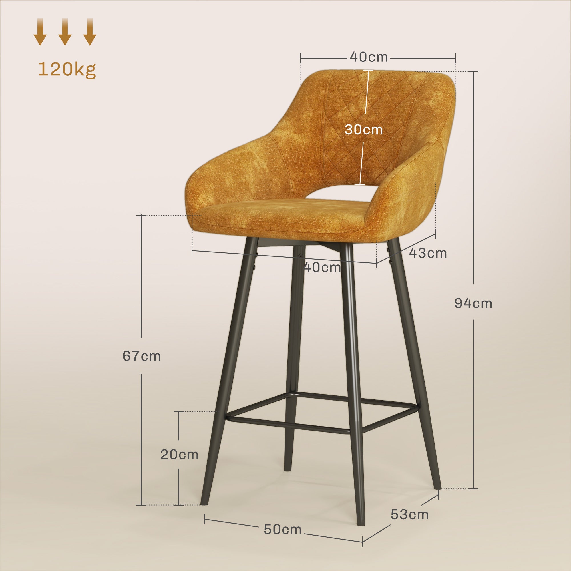 HOMCOM Bar Stools Set of 2, Velvet-Touch Fabric Counter Height Bar Chairs, Kitchen Stools with Steel Legs for Dining Area, Kitchen Island Barstools, Brown