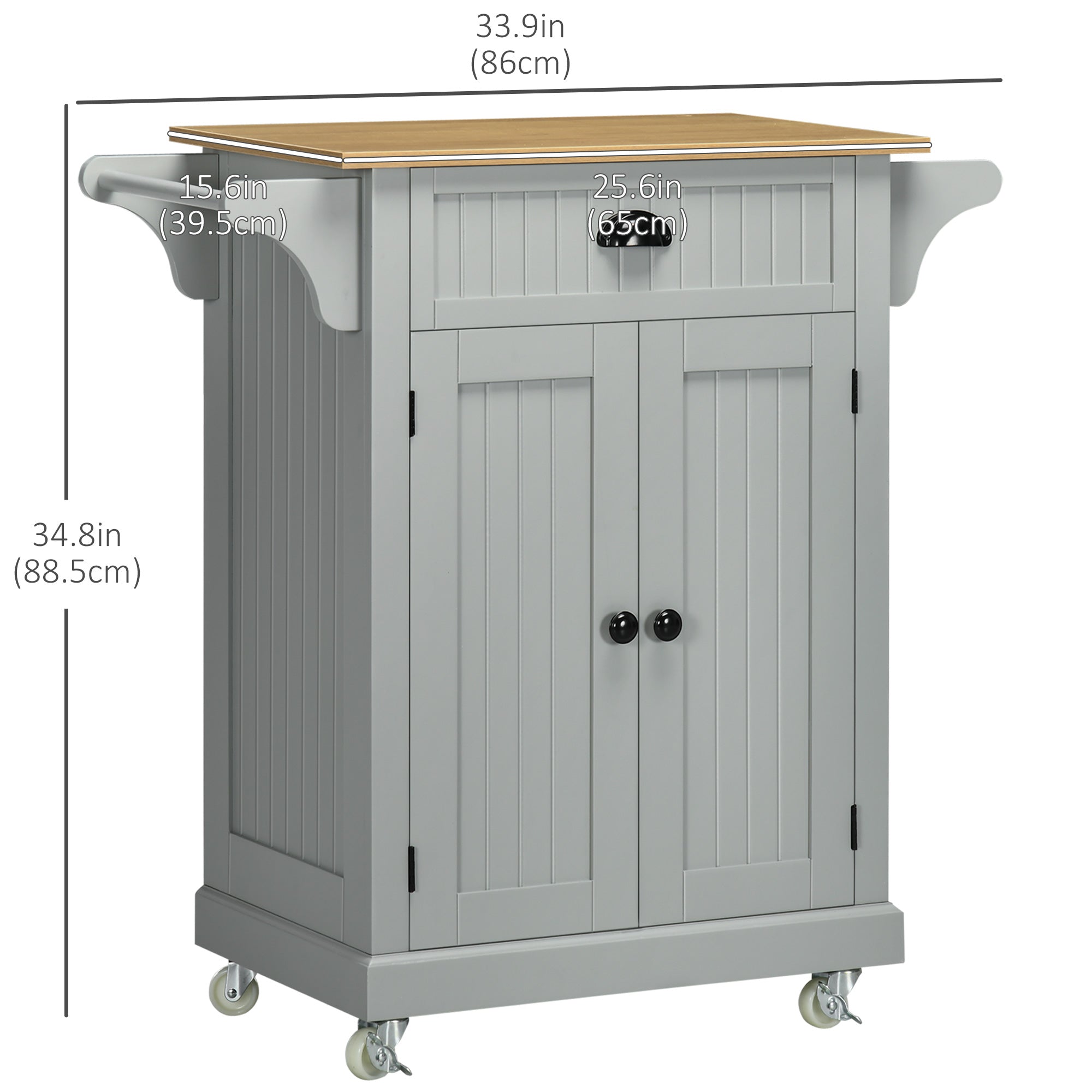 HOMCOM Rolling Kitchen Island with Storage, Kitchen Cart with Drawer, 2 Towel Racks and Cupboard for Dining Room, Grey